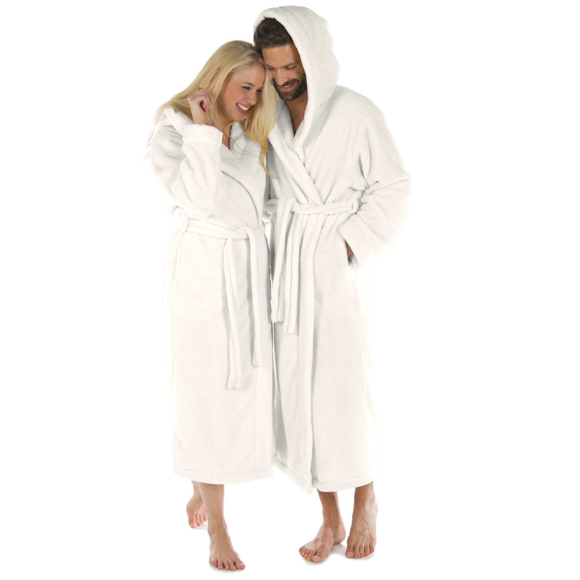 CelinaTex Bademantel Morgenmantel Kapuze Fleece wadenlang für Sie&Ihn Samos XL weiss, Polyester