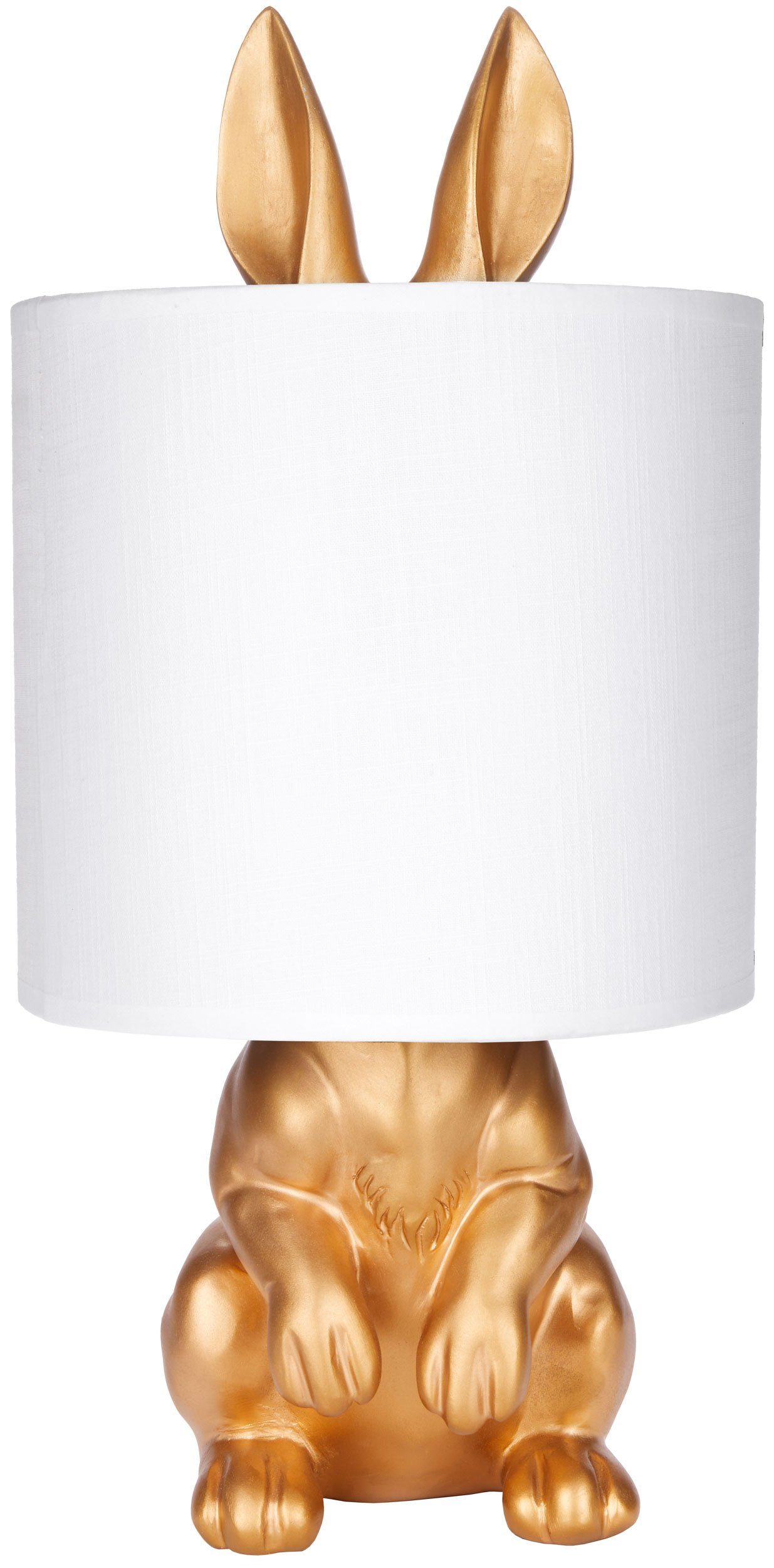 BRUBAKER Nachttischlampe Tischleuchte Hase Gold oder Silber - Tischlampe mit Lampenschirm, ohne Leuchtmittel, Motiv Lampe mit Keramikfuß, Höhe 42 cm Gold, Schirm: Weiß | Tischlampen