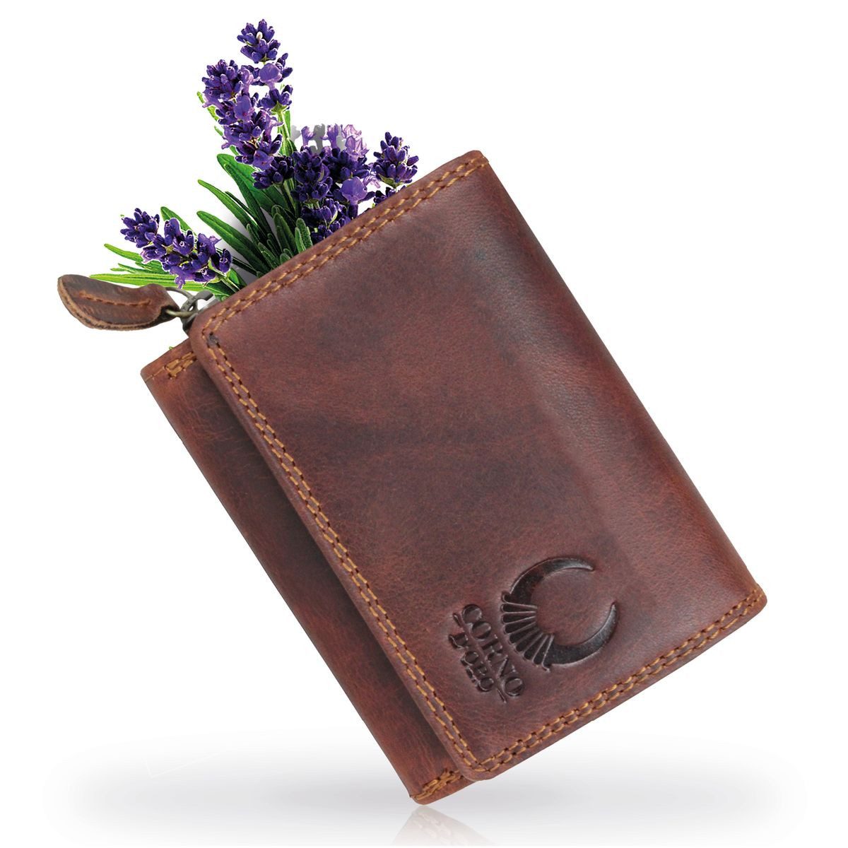 Corno d´Oro Geldbörse Damen Echt Leder klein Handmade Portemonnaie Vintage Braun, kleiner Geldbeutel mit RFID Schutz und Geschenkkarton
