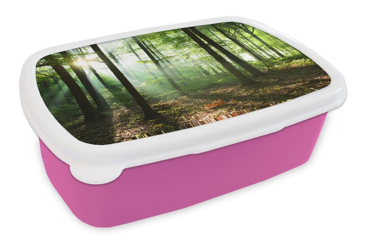 MuchoWow Lunchbox Wald - (2-tlg), Mädchen, rosa Kinder, Kunststoff für - Kunststoff, Snackbox, Laub, Sonne Erwachsene, Brotdose Brotbox
