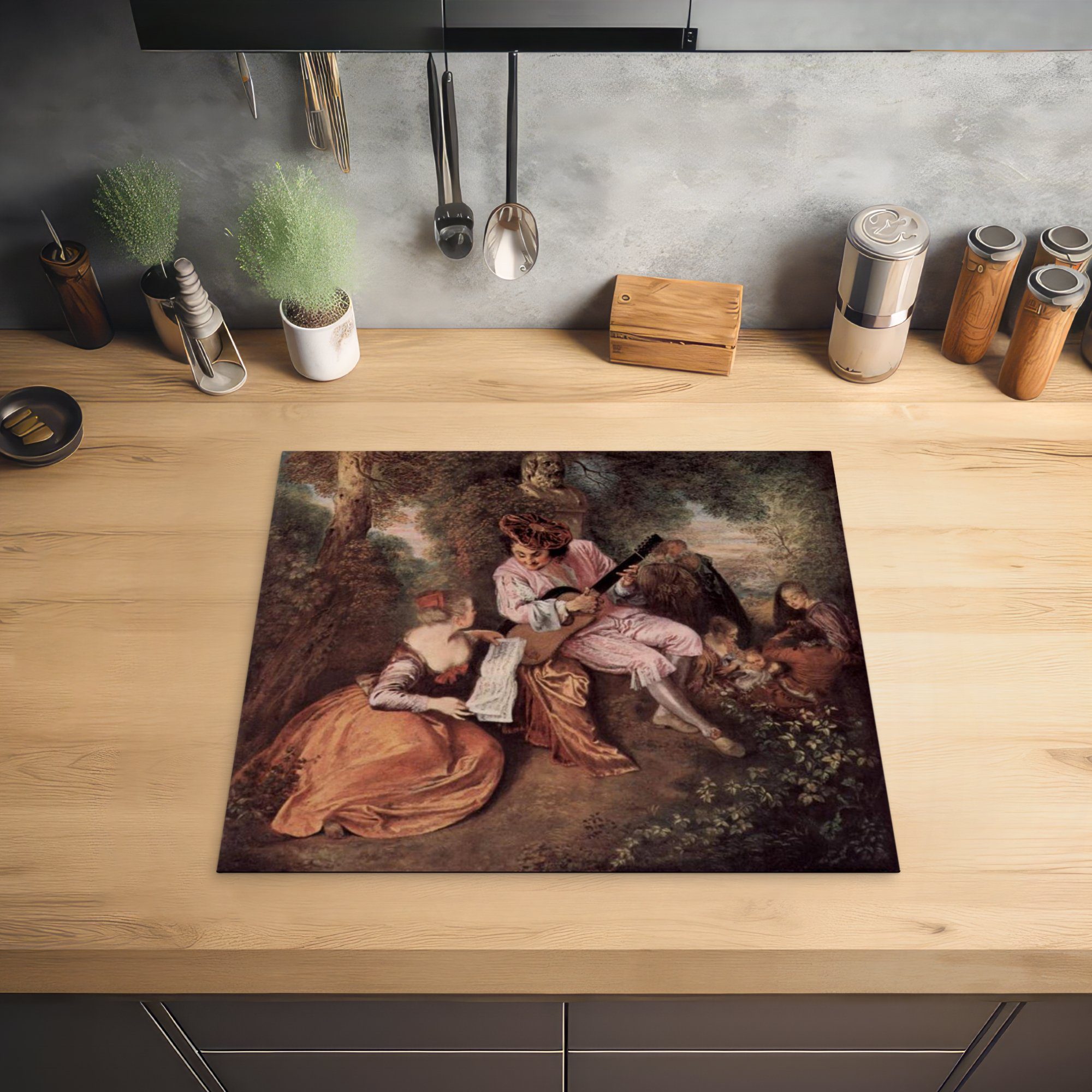 MuchoWow Herdblende-/Abdeckplatte nutzbar, Gemälde 60x52 - Ceranfeldabdeckung Watteau, (1 Arbeitsfläche cm, Das Mobile Antoine Liebeslied Vinyl, tlg), von