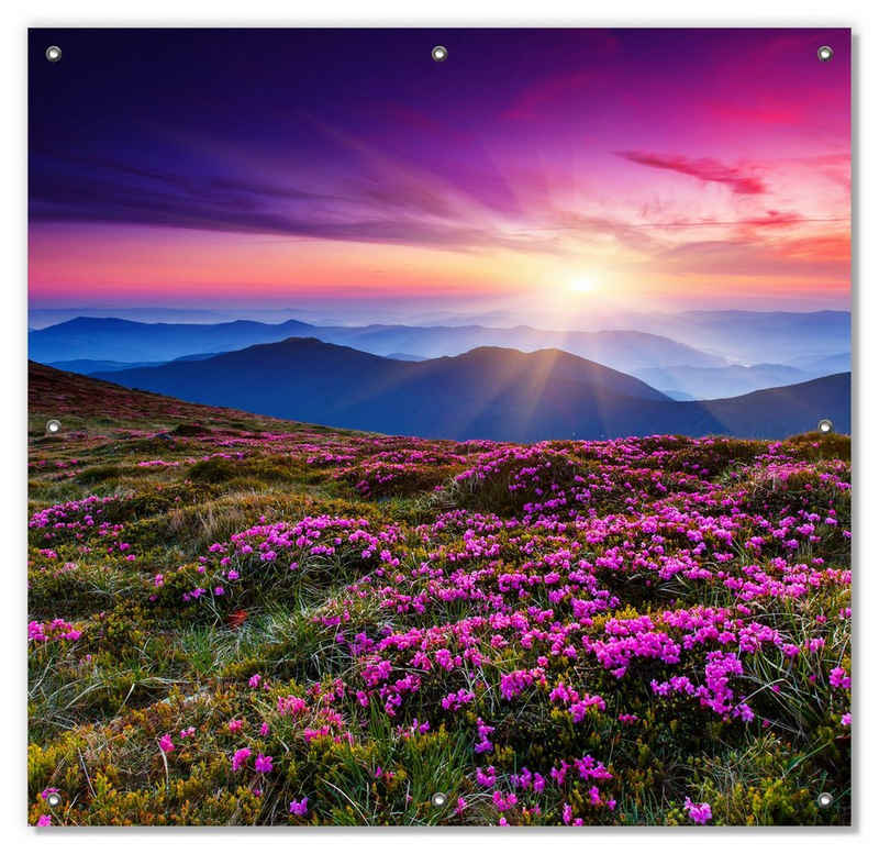 Sonnenschutz Blumenbedeckte Wiese bei Sonnenuntergang, Wallario, blickdicht, mit Saugnäpfen, wiederablösbar und wiederverwendbar