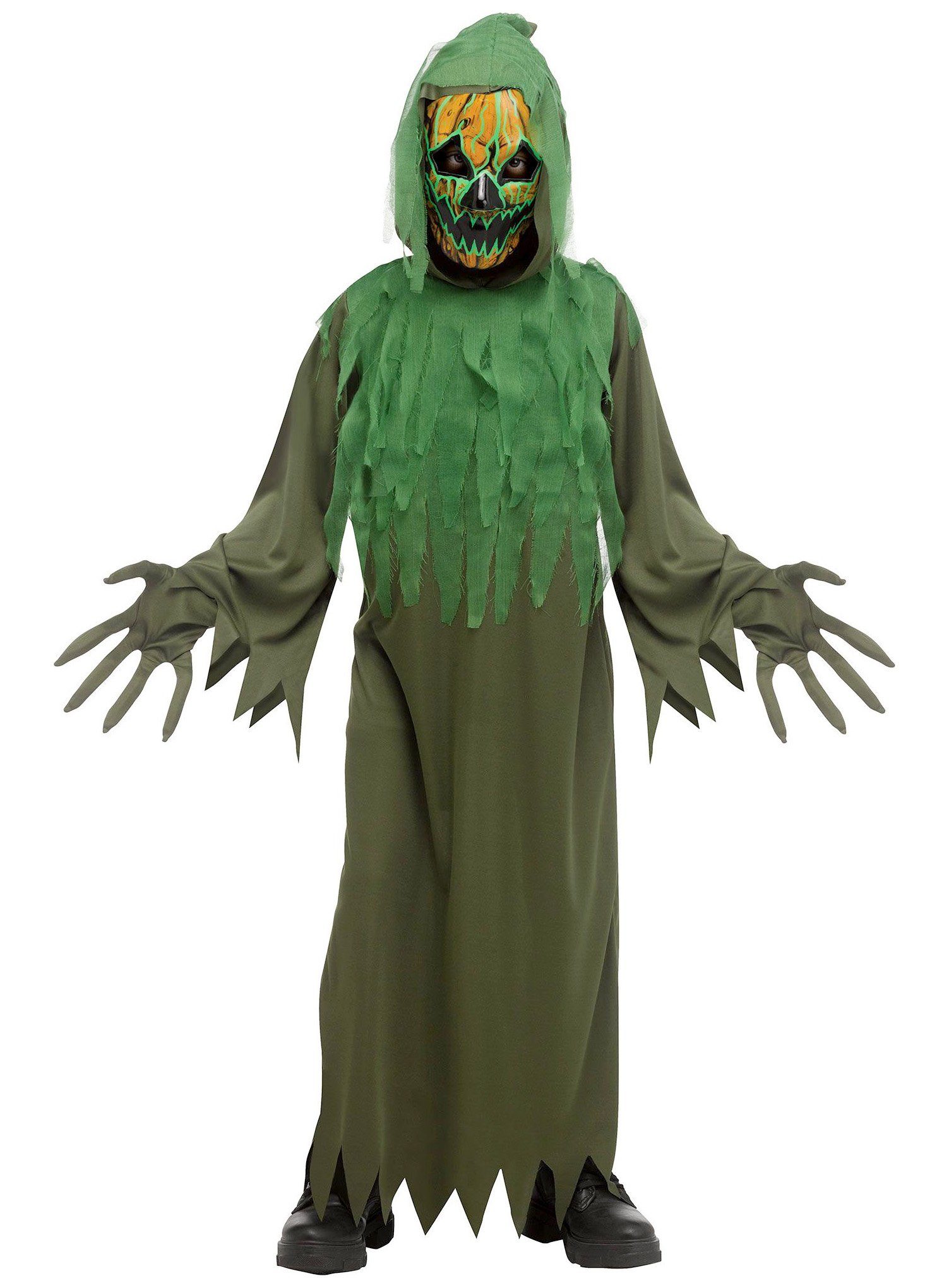 Fun World Kostüm Leuchtender Todeskürbis Kostüm für Kinder, Grünes Kürbismonster mit LED-Maske