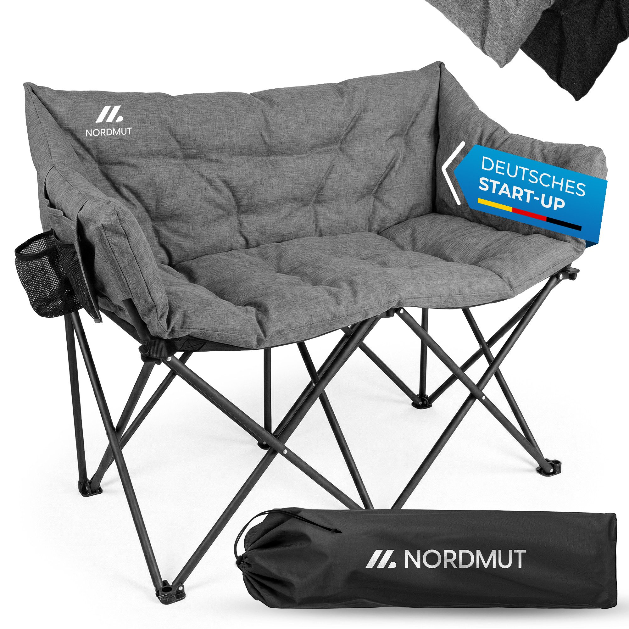 Nordmut Campingstuhl Campingsofa Klappbar 2 Personen 360 kg gepolstert mit Tragetasche (bis 360 kg belastbar mit Stahl Aluminium Rahmen), wetterfest klappbar mit Tragetasche & Seitentaschen