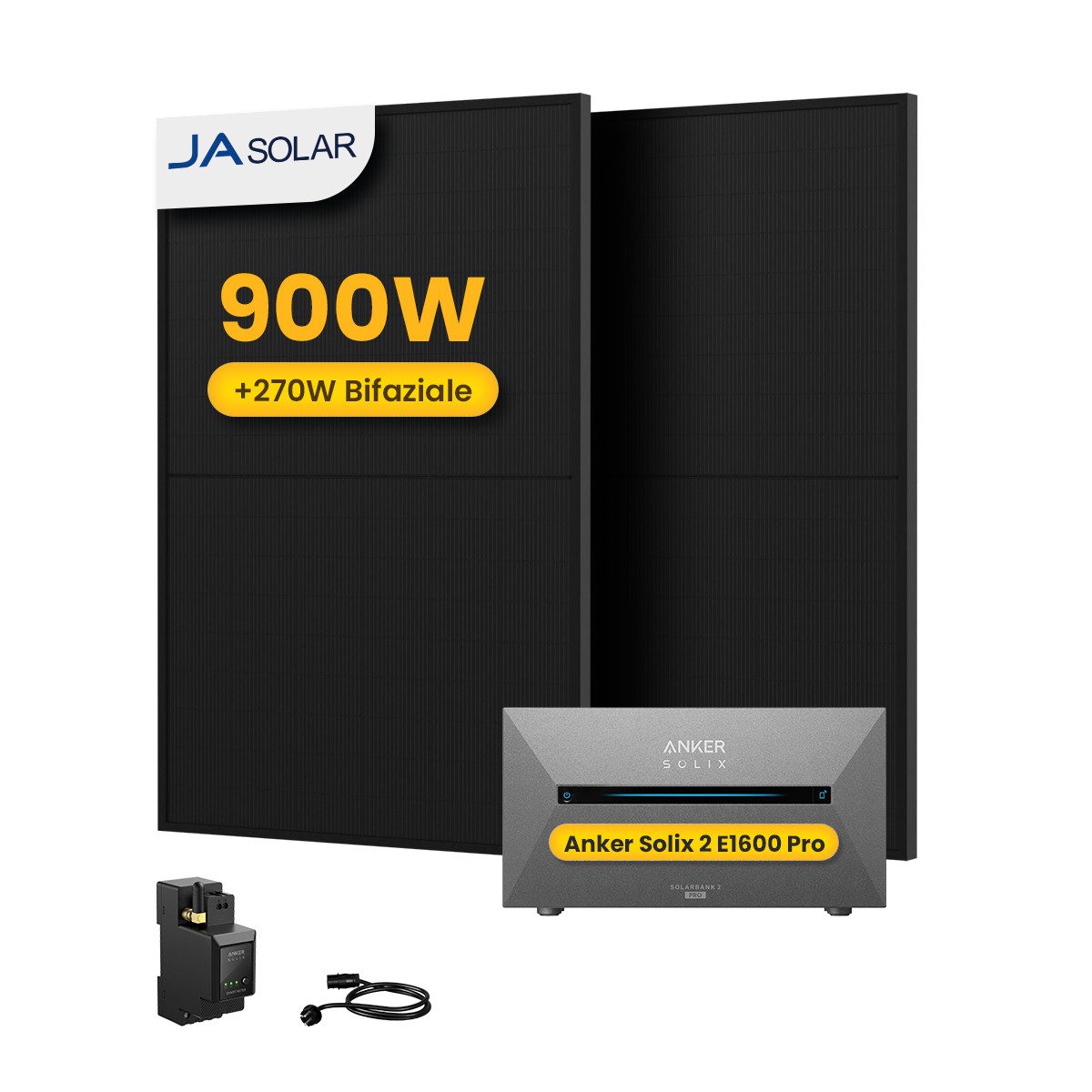 Anker Balkonkraftwerk 900W Solaranlage Anker Solix Solarbank 2 E1600 Pro Speicher, (2x JA Solar 450Wp Paneele und Smart Meter im Lieferumfang enthalten), Speicher mit integriertem Wechselrichter, All-in-One 1600 Wh Akku