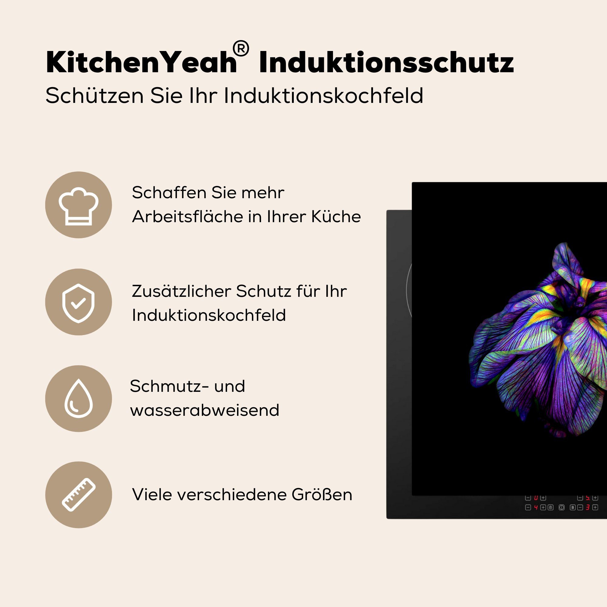Arbeitsplatte tlg), cm, küche Farben MuchoWow - Vinyl, Blume für Ceranfeldabdeckung, Herdblende-/Abdeckplatte Schwarz, - 78x78 (1