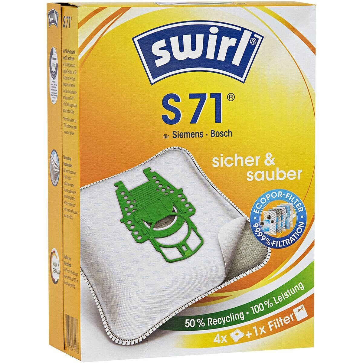 Swirl Пылесборники S71 MP Plus AirSpace, passend für BOSCH, Hanseatic, Melitta, Privileg, Siemens, 4 St., Anti-Всеrgen-Filtration, Extra-Filterkammer, staubfreie Entsorgung