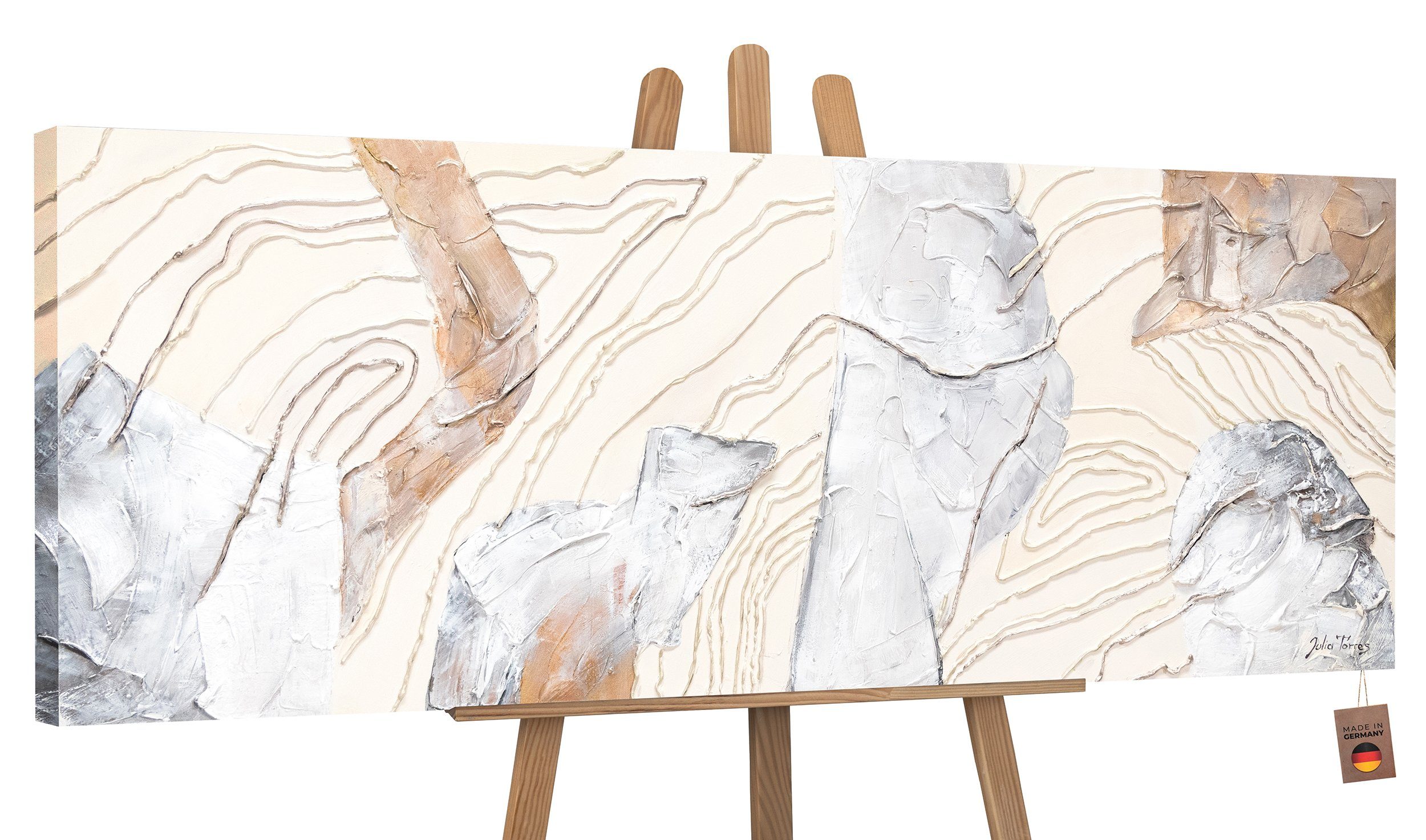 YS-Art Gemälde Sinfonie, Abstrakte Bilder, Abstraktes Leinwand Bild Handgemalt Streifen Beige Braun Weiß Ohne Schattenfugenrahmen