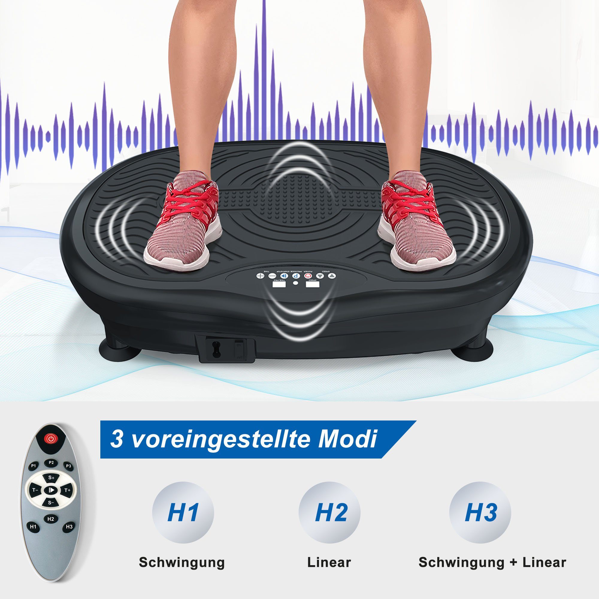 OKWISH Vibrationsplatte mit 3 Modi, Ganzkörper Vibrationsgerät, 500,00 W, 3 Intensitätsstufen, (3D Vibrationsplatte mit 3 Modi), Vibration Fitness Plattform zur Fettverbrennung und Muskelaufbau Schwarz