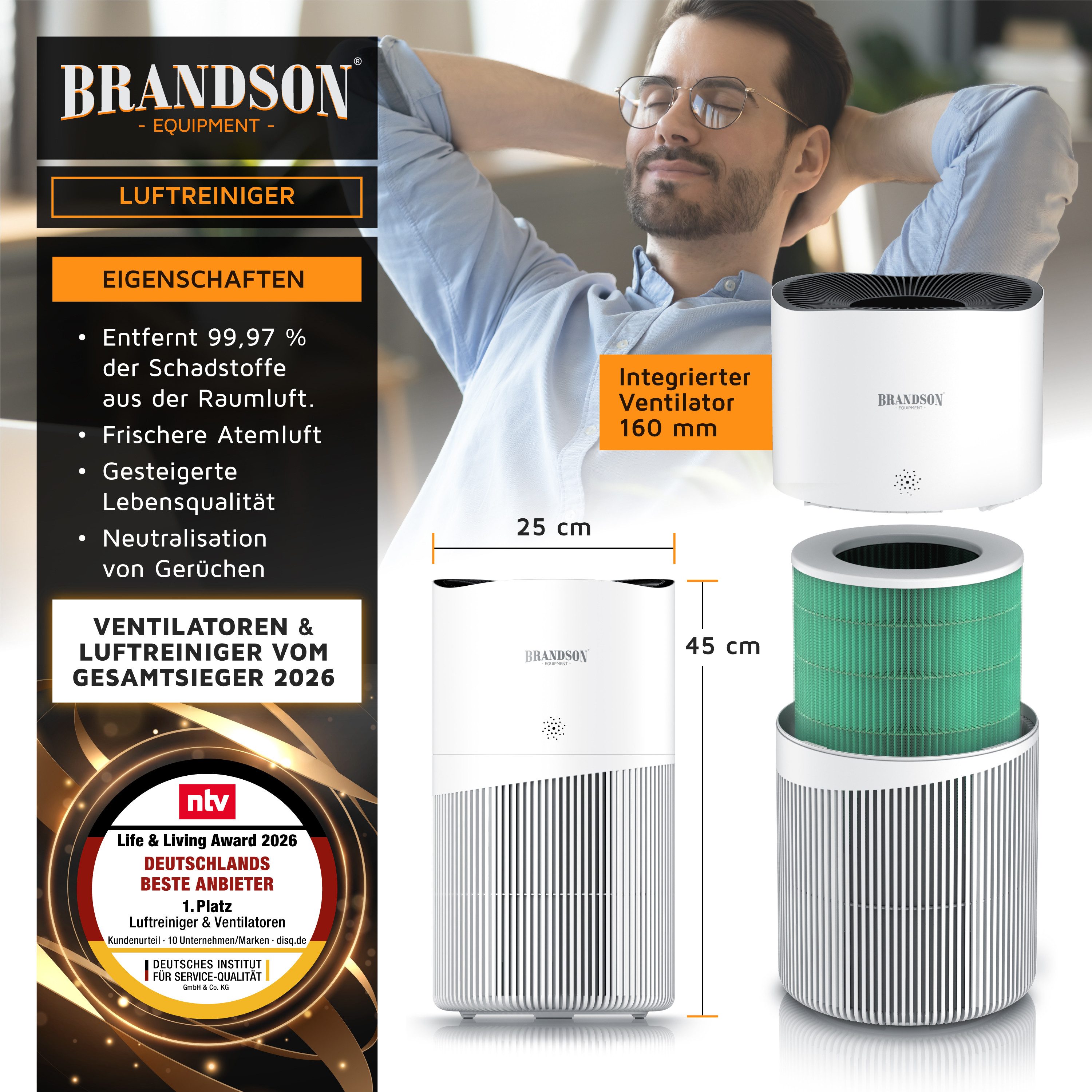Brandson Luftreiniger für Allergiker, 4 Filterstufen HEPA Aktivkohle, Smart Home mit App, für 90 m² Räume, Air Purifier CADR 402 m³/h, entfernt bis zu 99,97 % Schadstoffe, leise