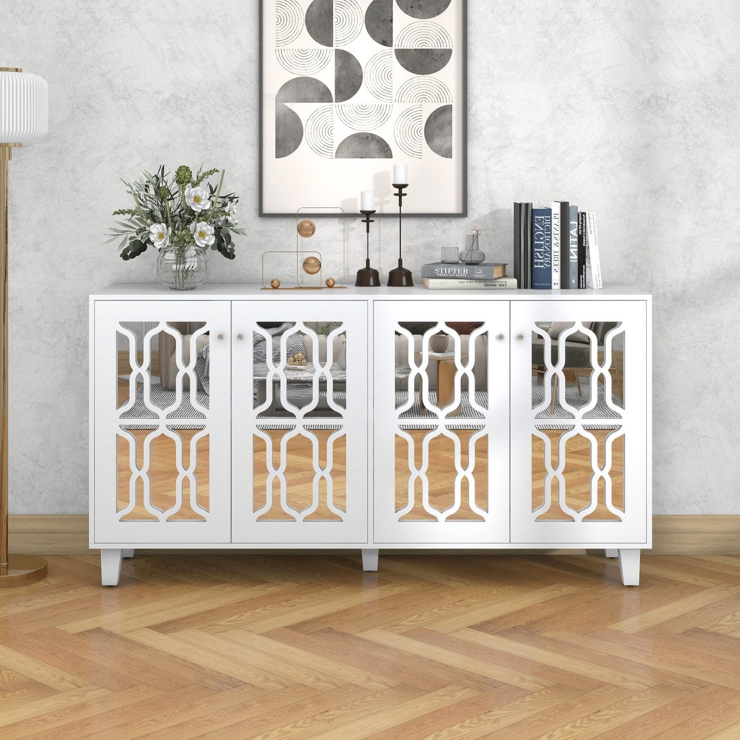 ANYSUN Sideboard Modernes Sideboard,verspiegelte Anrichte mit kühlen Kristallgriffen, (Vier Türen, mit beweglichem Laminat,160 x 40 x 84cm), für Wohn- und Esszimmer