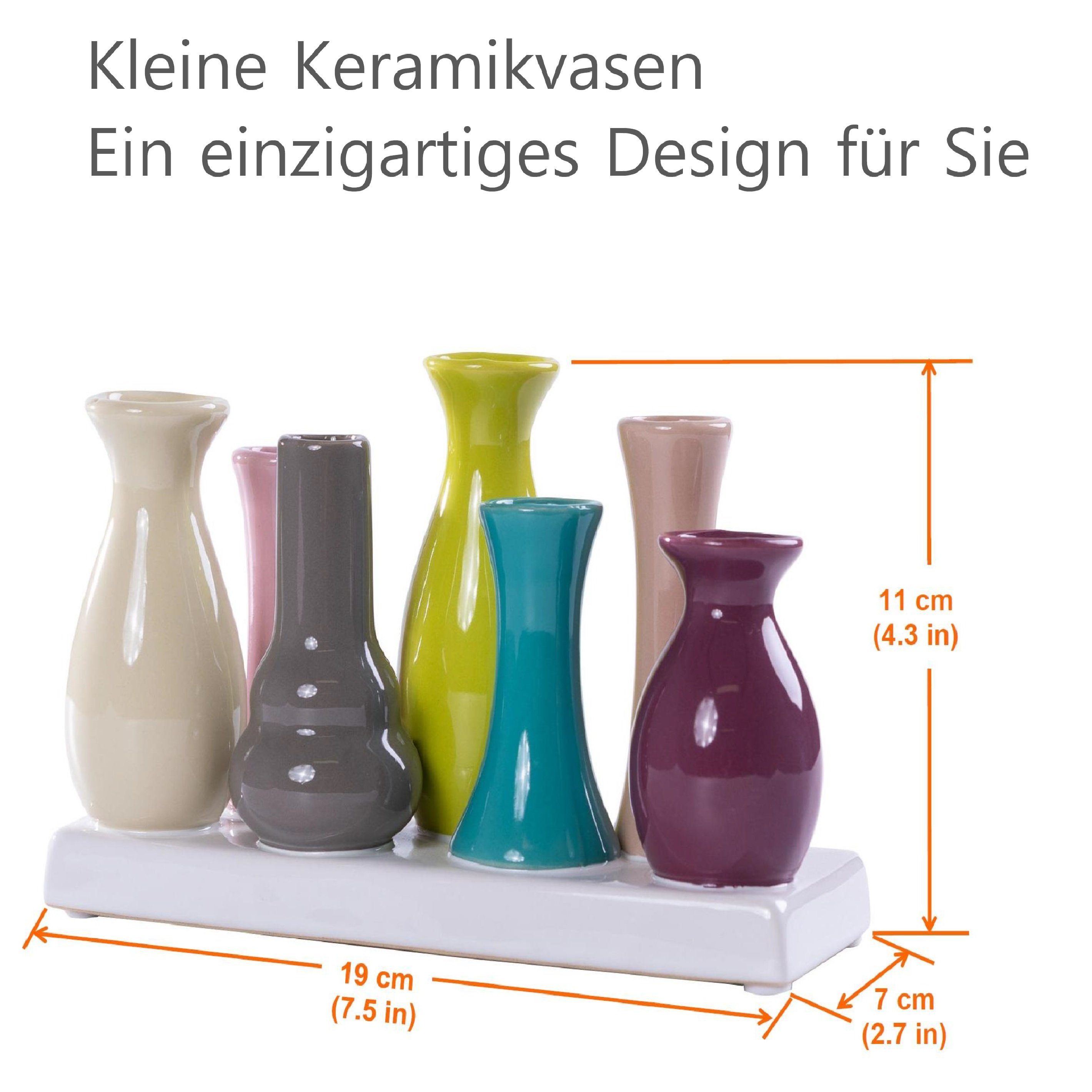 Jinfa Dekovase Handgefertigte kleine (7 Set auf Deko Keramik Tablett einem auf verbunden Blumenvasen Bunt), Vasen