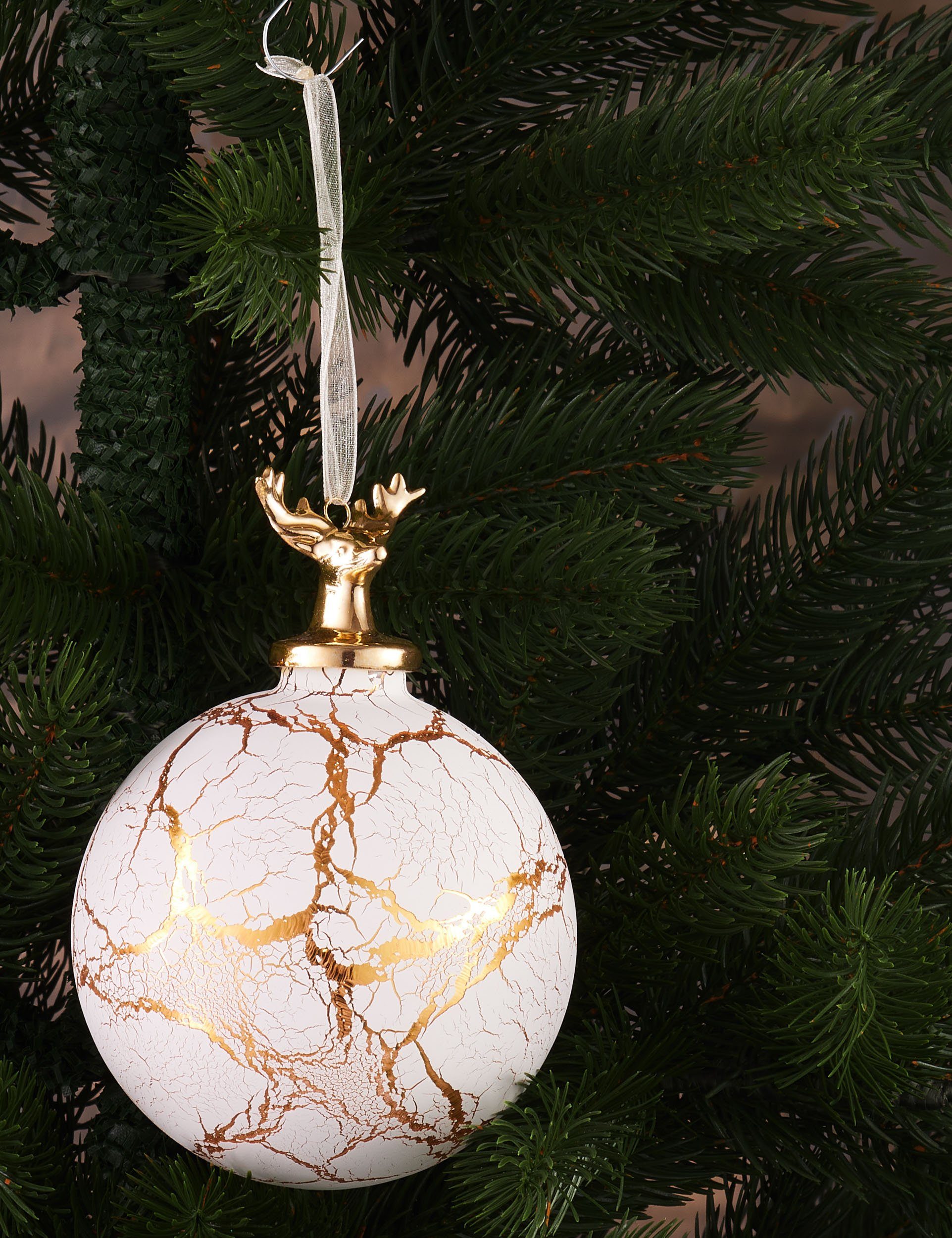 BRUBAKER Weihnachtsbaumkugel Premium cm Weiß Marmor Baumkugel Gold Hirsch St), 10 (1 Dekoration auf Marmor-Optik Hirschkopf Weihnachtskugel mit Glas - Kugel in Figur