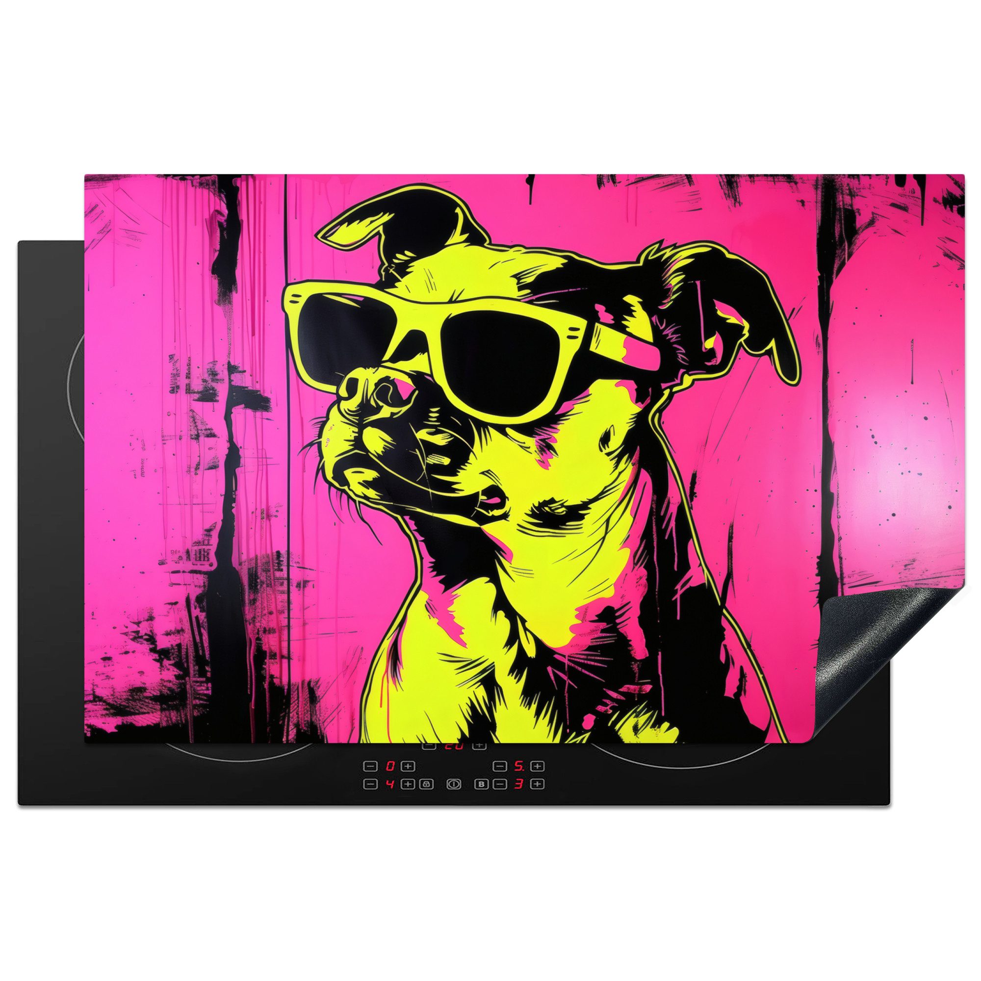 MuchoWow Herd-Abdeckplatte Hund - Sonnenbrille - Rosa - Kunst, Vinyl, (1 tlg), Küche Herdabdeckplatte Ceranfeld Vinyl Einteilig, 81x52 cm