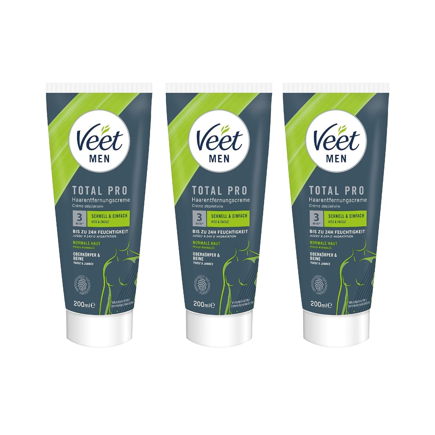 Veet MEN Enthaarungscreme für Oberkörper & Beine (3 x 200 ml), Spar-Pack, 3 St., Haarentfernung in 5-10 Minuten, mit Spatel