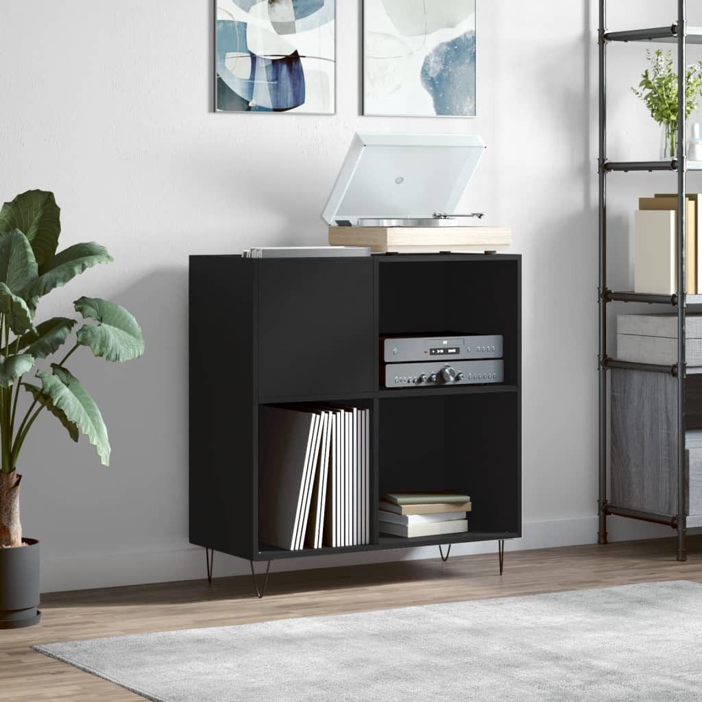 furnicato Media-Regal Schallplattenschrank 84,5x38x89 cm Schwarz mit Massivholz und, 1-tlg., Stabiles LP-Regal mit Ablage für Plattenspieler und Wandhalterung