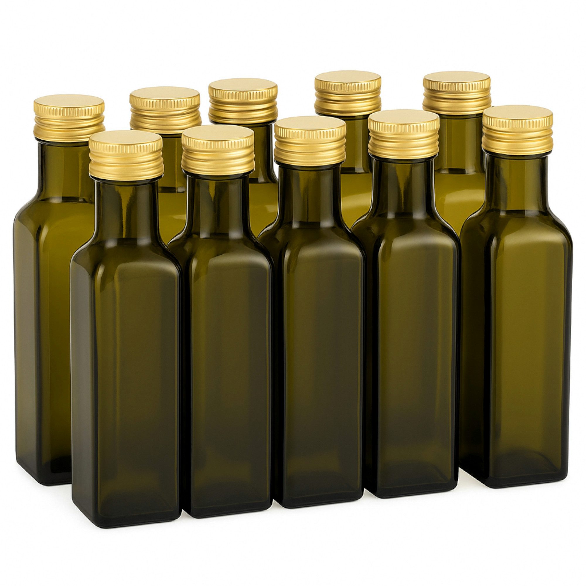 gouveo Trinkflasche Glasflaschen 250 ml Maraska -Antik- mit Schraubdeckel - Flasche 0,25 l, 10er Set, goldfarben
