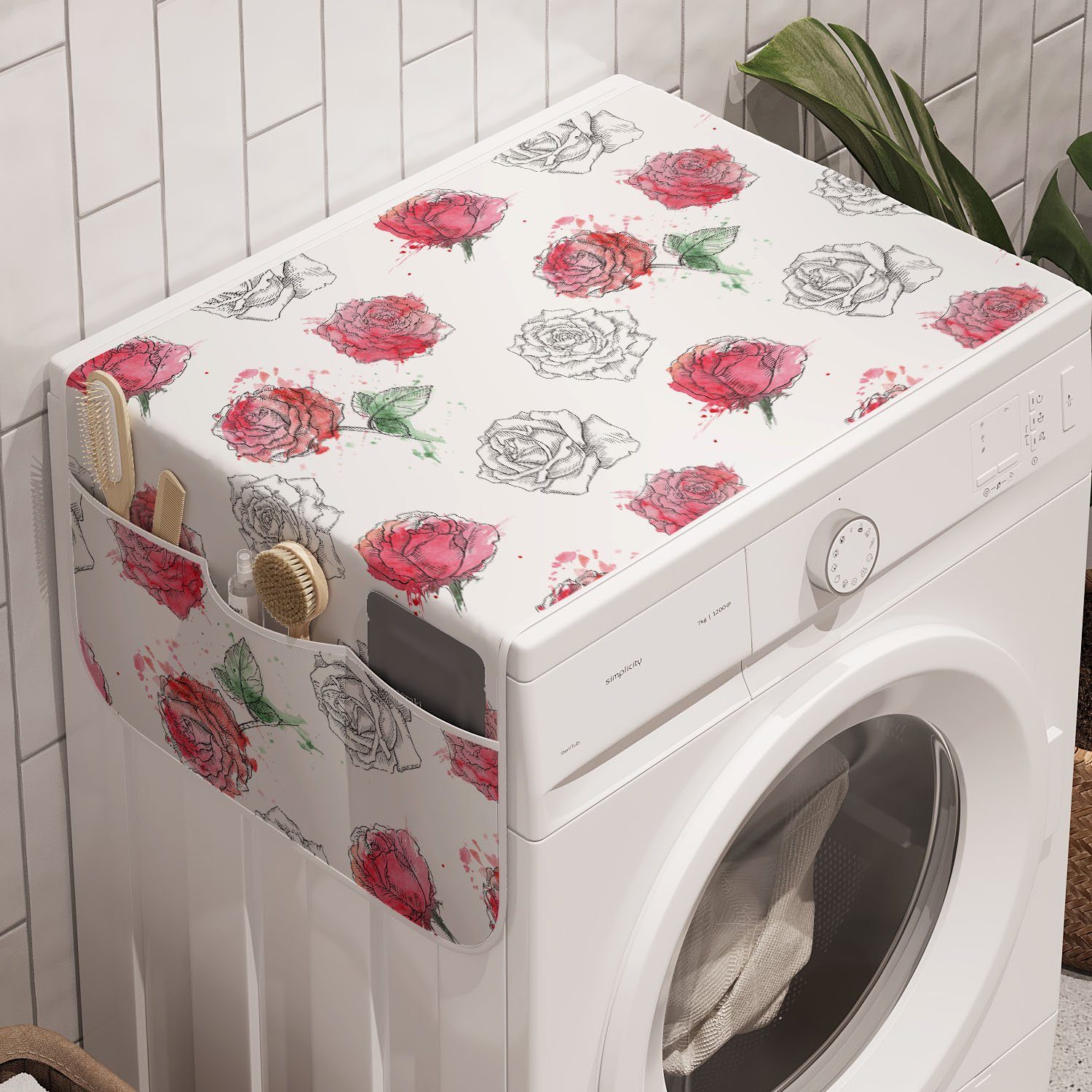 Abakuhaus Badorganizer Anti-Rutsch-Stoffabdeckung für Waschmaschine Trockner, Skizze-Kunst und Vintage Blumen Rose