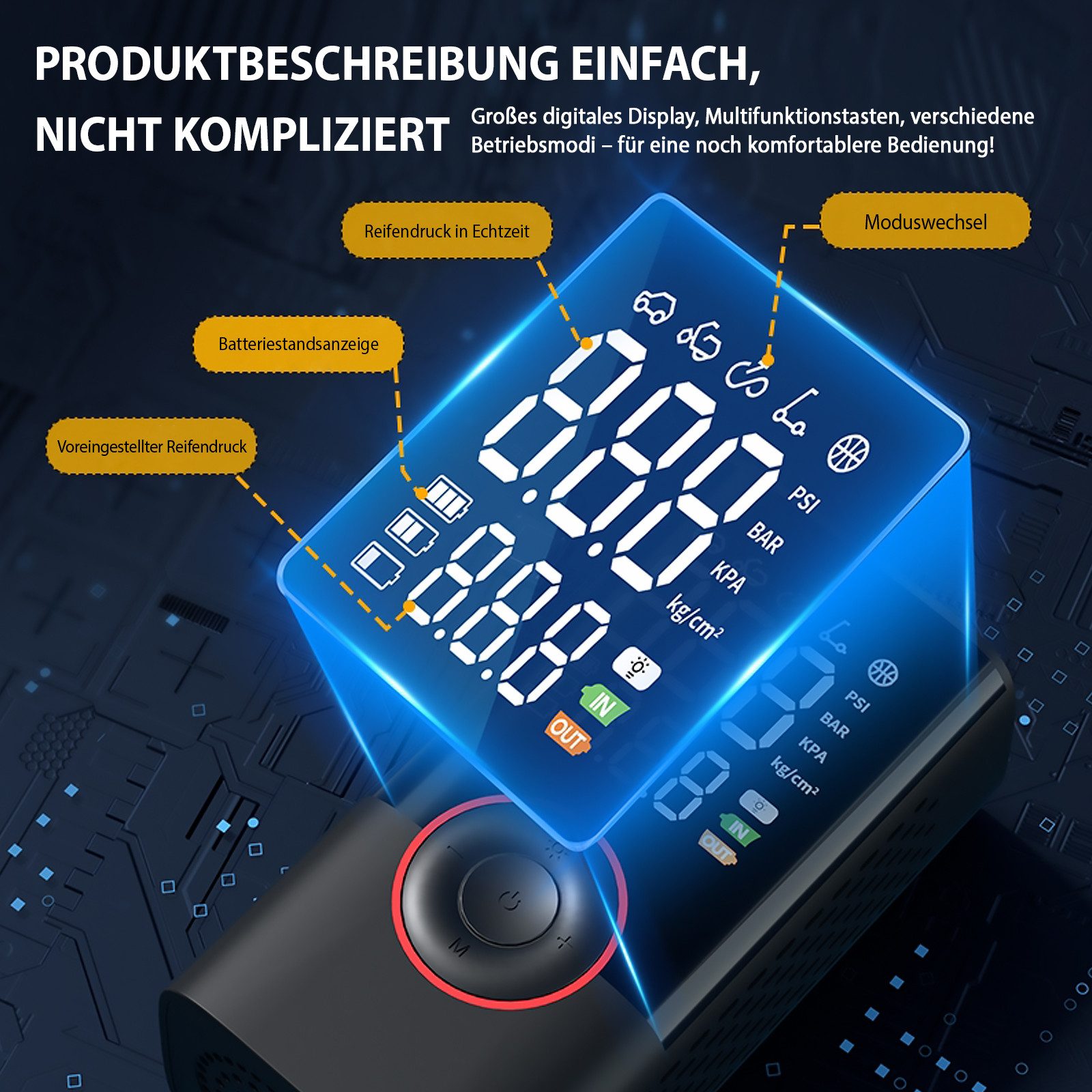 FANNOU Akku-Luftpumpe Digitale Elektrische Luftpumpe mit Druckvoreinstellung, Wiederaufladbar, Luftpumpe für E-bike, Auto, Fahrrad, Motorrad, Bälle – Bild 4 von 5