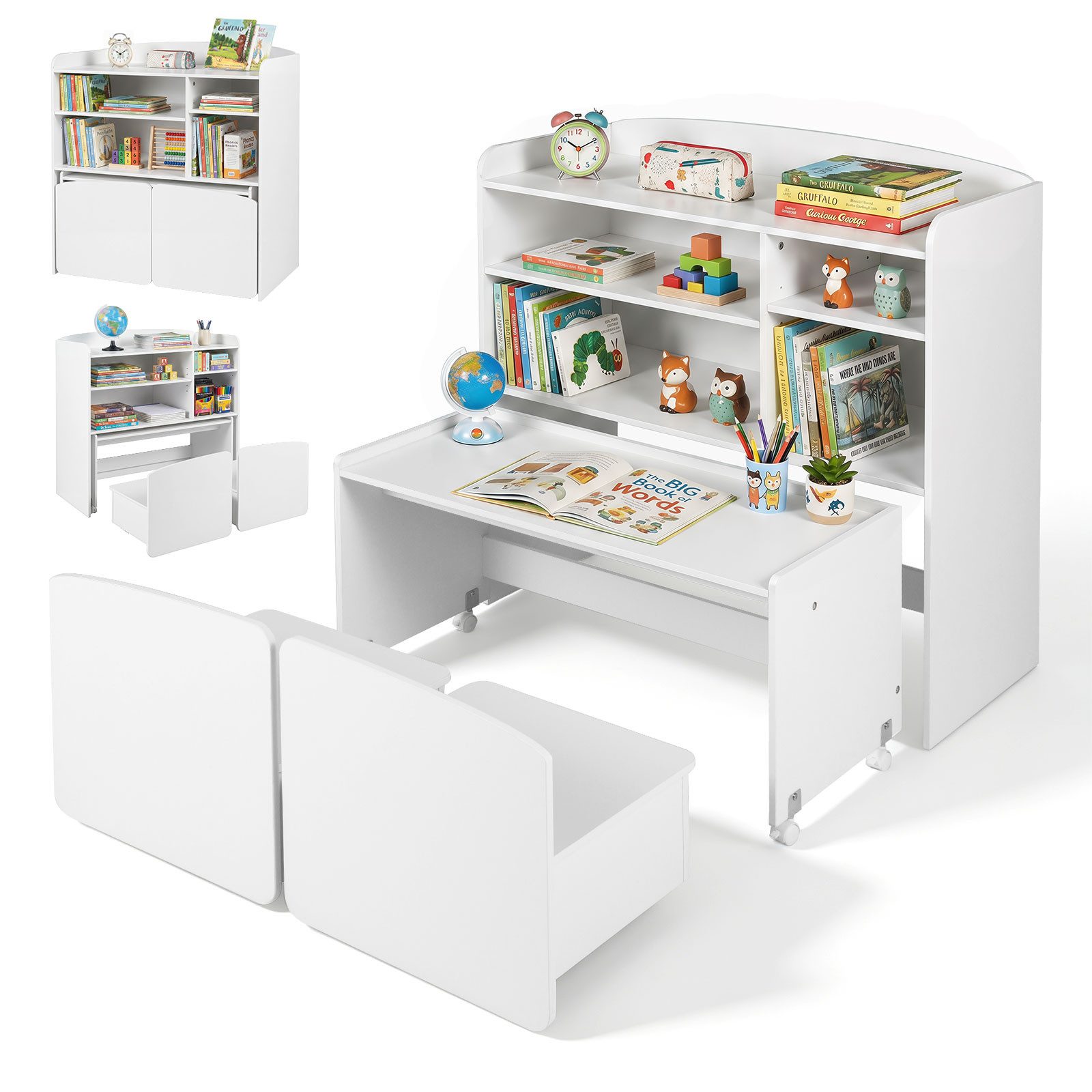 COSTWAY Kindertisch (4-St), 3 in 1 Kinderregal mit Tisch auf Rollen, 2 Stuhl