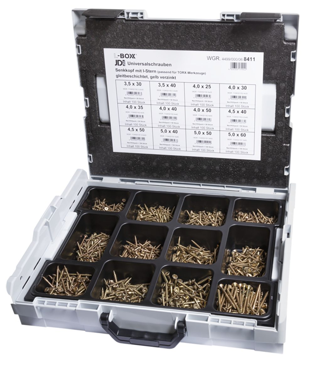 Sortimentskasten Sortimo L-Boxx bestückt mit: JD Plus Universalschrauben Senkkopf