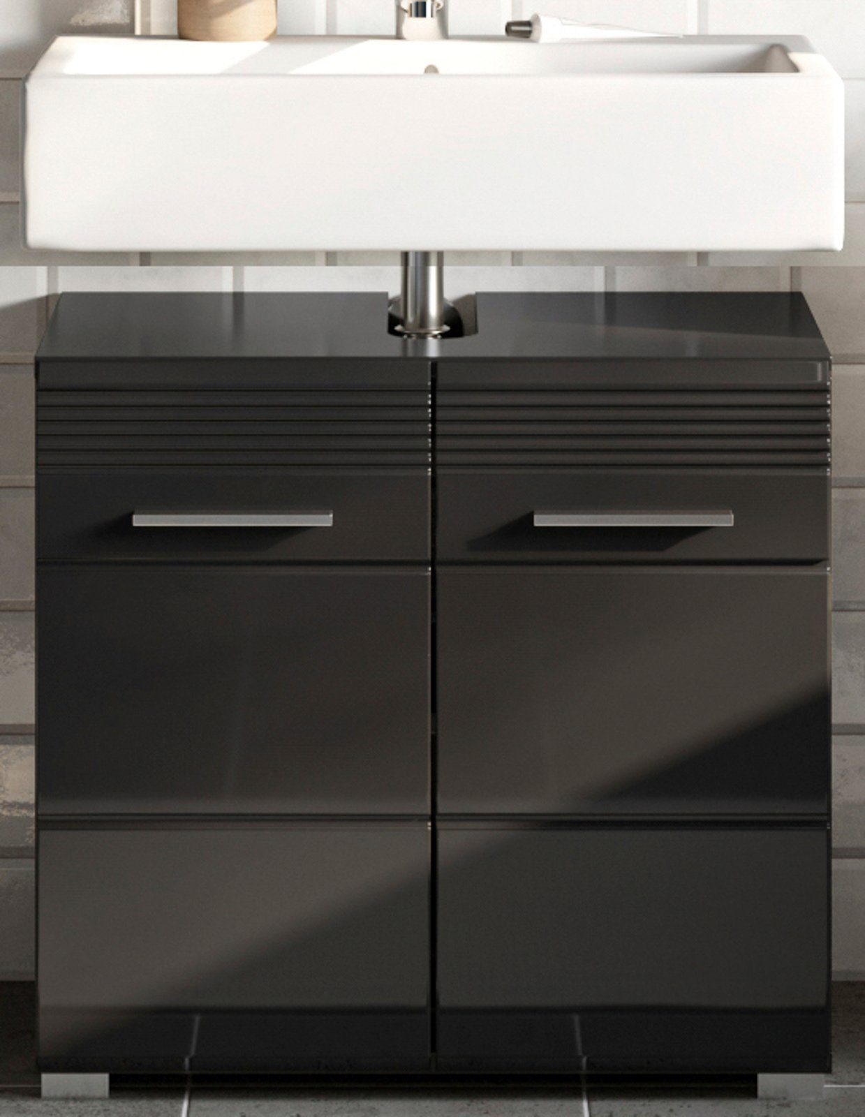 xonox.home x Linus Unterschrank Waschbeckenunterschrank (Waschtisch in Hochglanz, 56 60 cm) schwarz, 2-türig