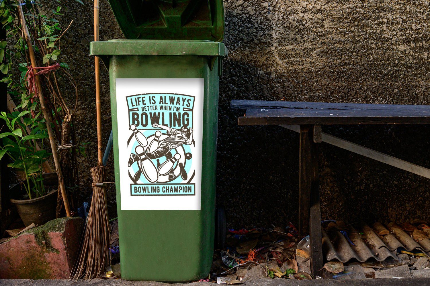 MuchoWow Wandsticker St), - - Mülleimer-aufkleber, Sticker, Mülltonne, (1 Abfalbehälter Container, Blau Vintage Bowling