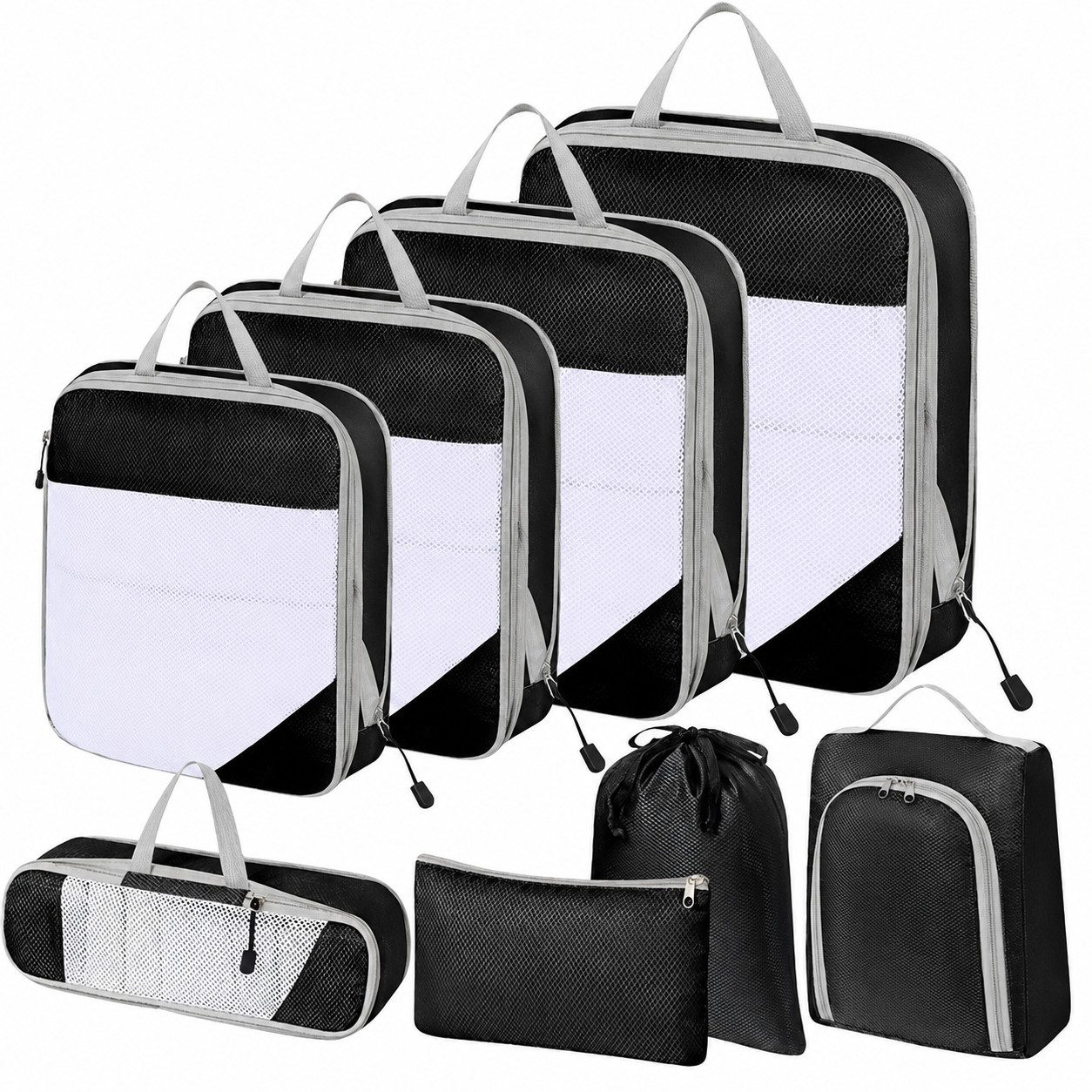 SURFOU Kofferorganizer 8er Set mit Kosmetiktasche und Packtaschen, Schwarz/Beige, (Set, 8-tlg)Packing Cubes, Reise Packtaschen, Faltbar, Verstaubar