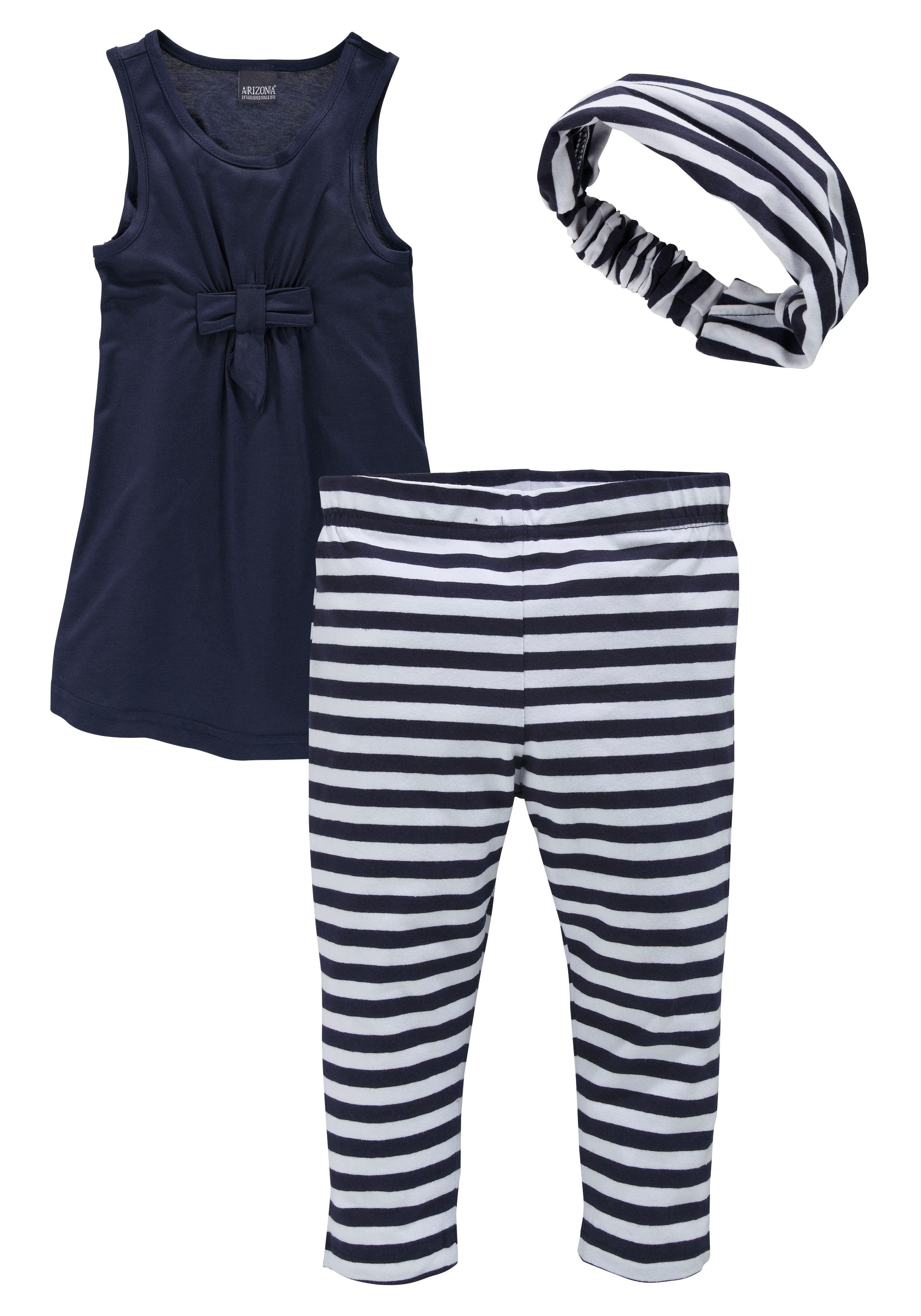 3-tlg) marine-weiß Haarband & und Kleid, Capri maritim (Set, Leggings KIDSWORLD Haarband geringelt