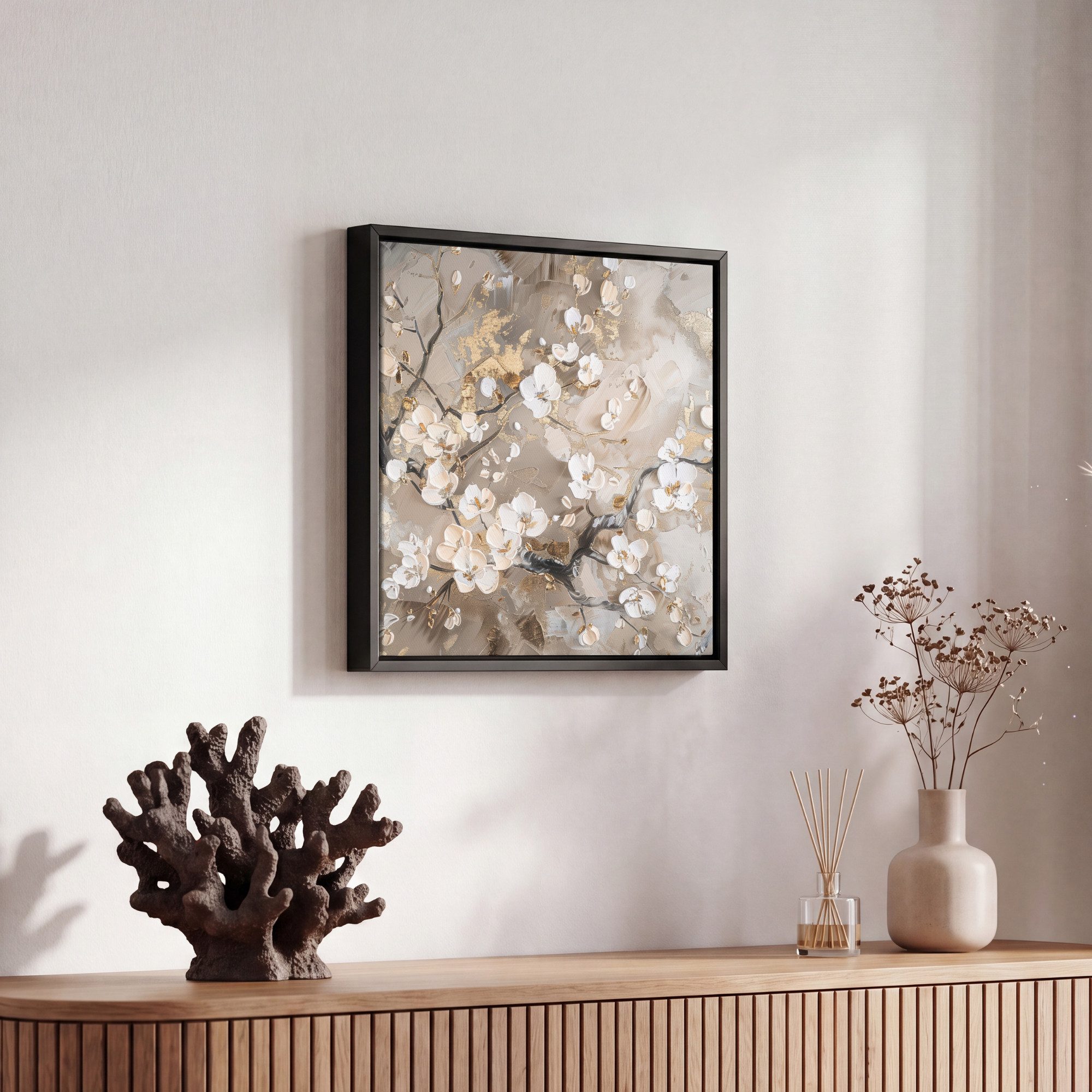 OneMillionCanvasses® Leinwandbild mit Rahmen - Blumen - Weiß - Gold - Beige - Luxus, Fotodruck (1 St), Leinwand Bilder Klein, Wand Dekoration Aesthetic 20x20cm – Bild 5 von 5