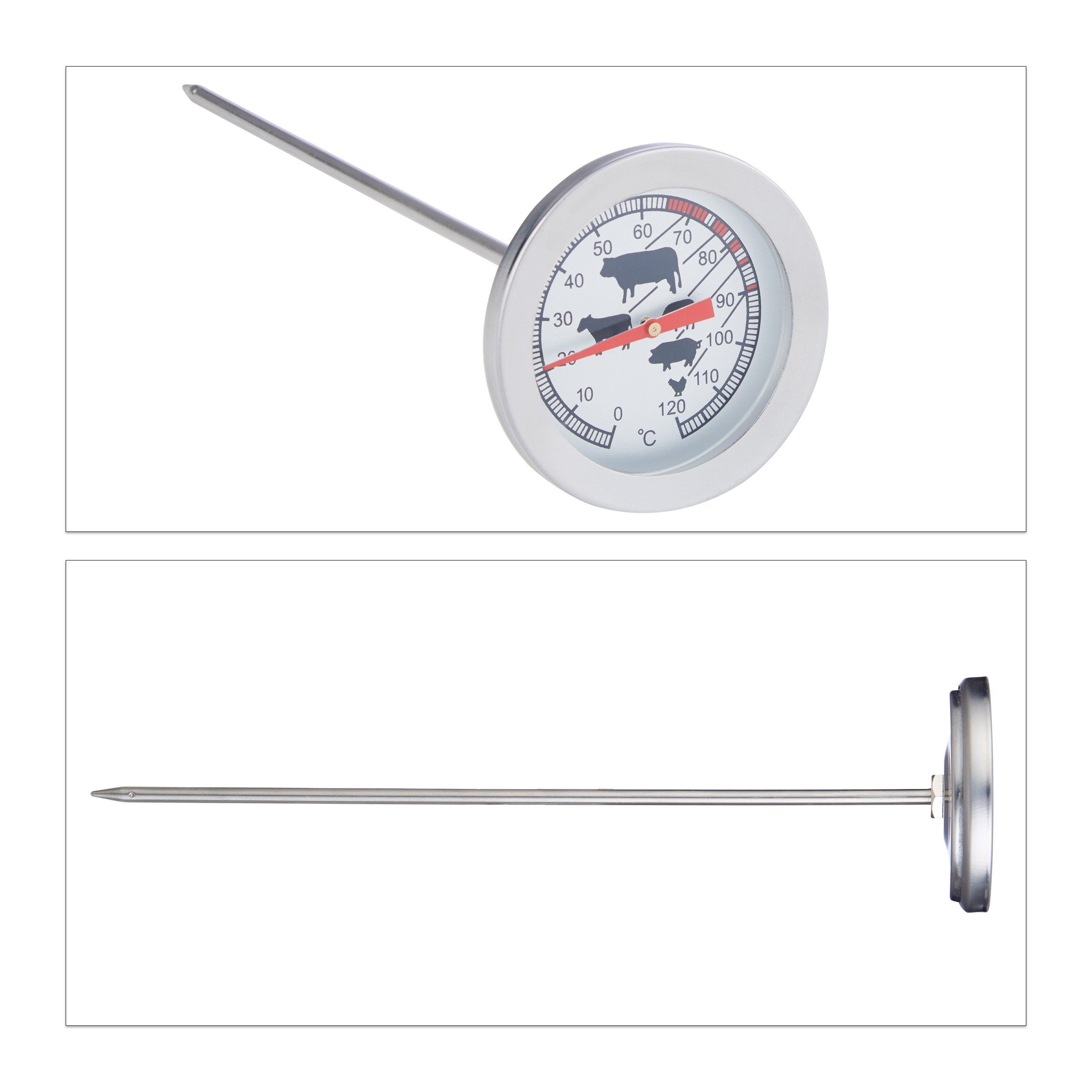 relaxdays Grillthermometer Analoges Edelstahl Einstichthermometer