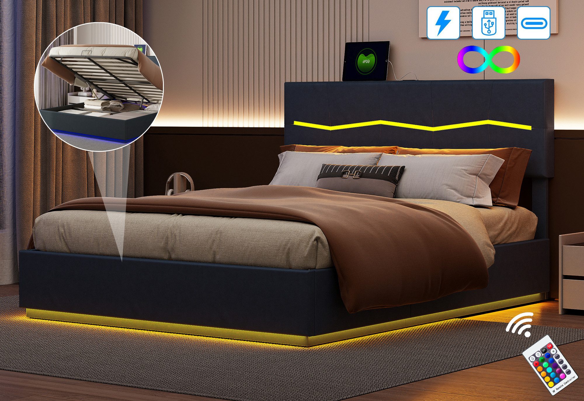 FUROKOY Polsterbett Doppelbett Stauraumbett mit USB+Type C und LED-Beleuchtung, 160x200 cm,Gepolstert,Kunstleder,Schwarz,Weich und bequem