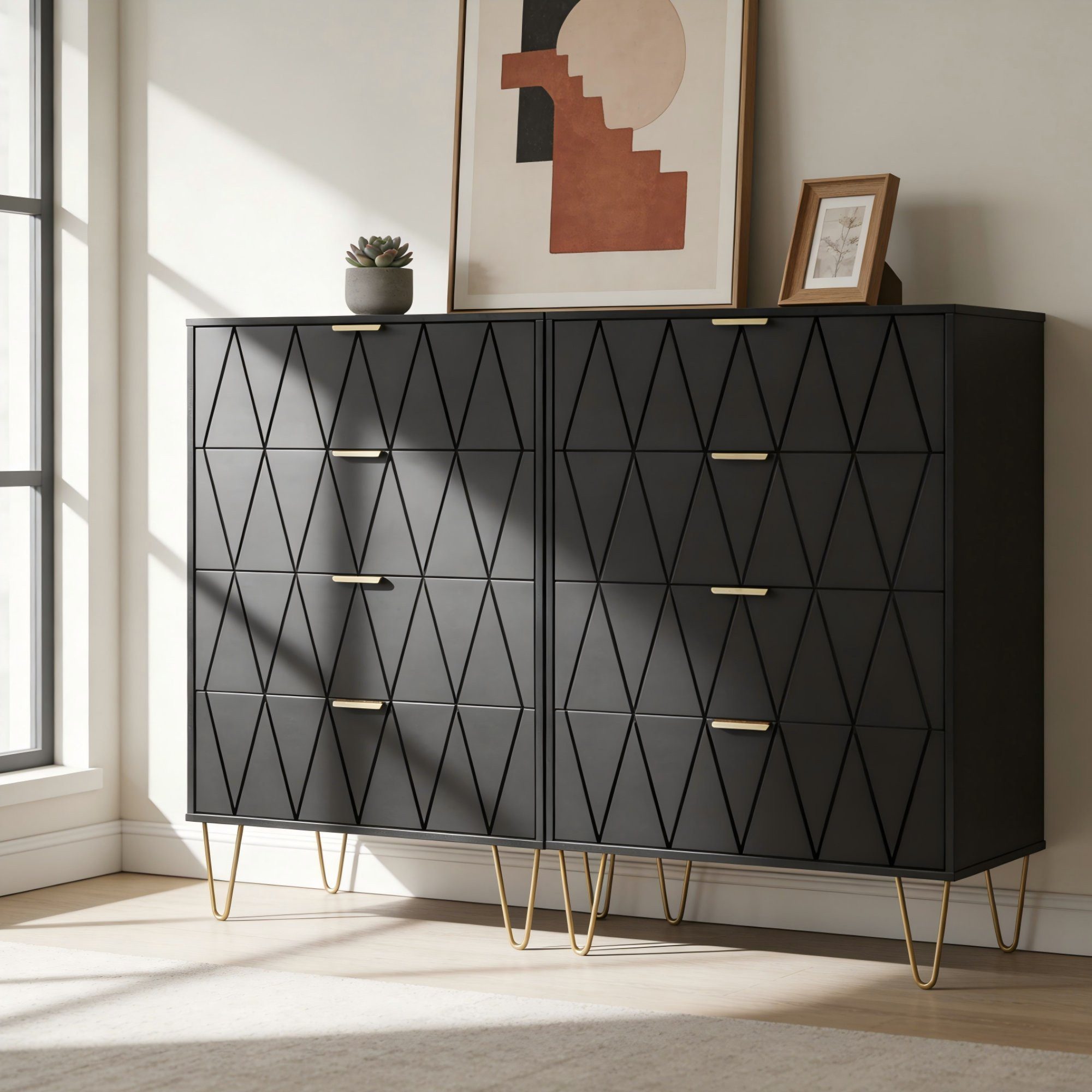 UEV Kommode modern Sideboard schmal Mehrzweckschrank für Kleidung Dokumente (Packung, Kommode mit 4 Schubladen 2er set, 120 x 34 x 91 cm), Schmal Beistellschrank für Wohnzimmer Schlafzimmer Flur