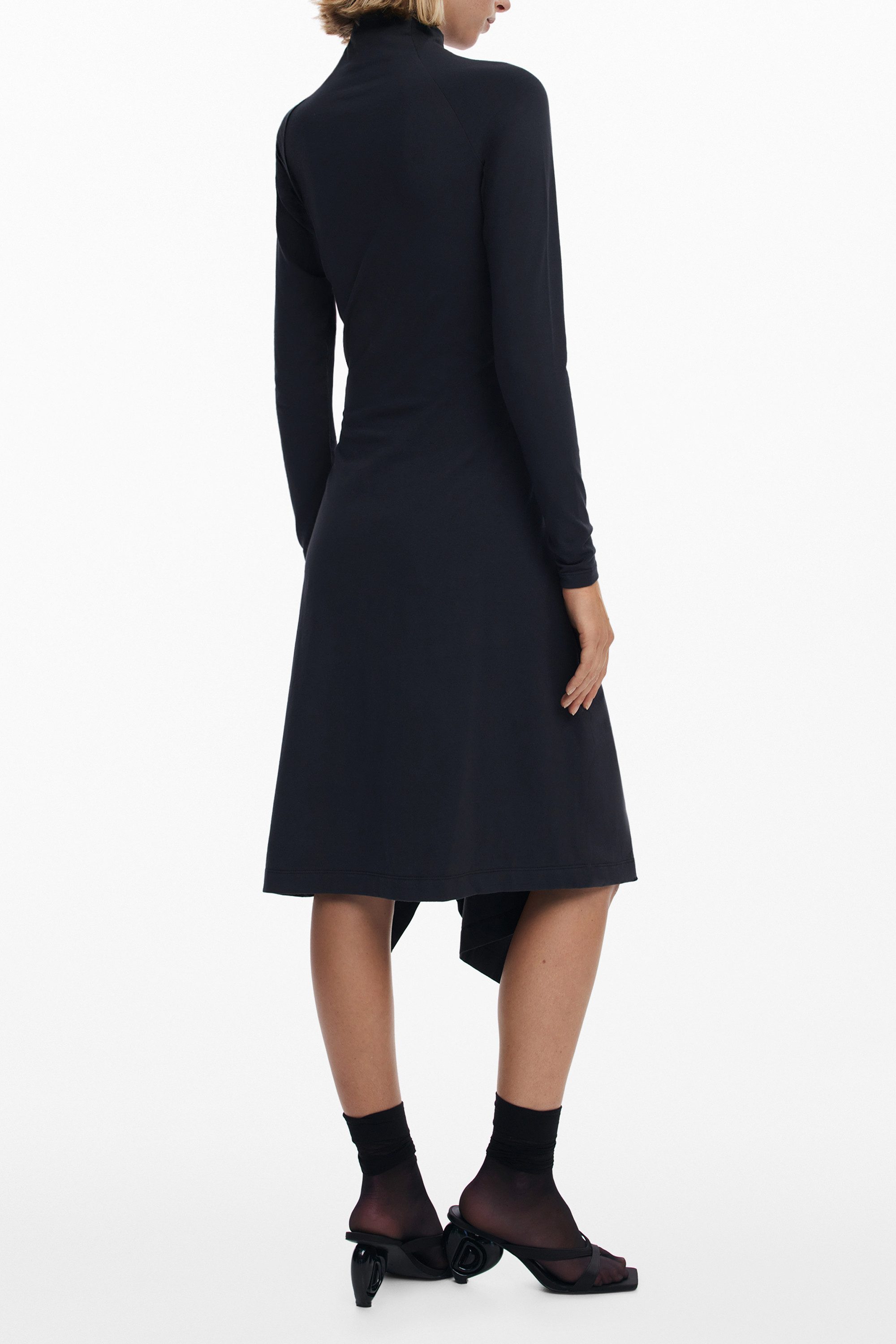 Desigual Partykleid Elegantes Schwarzes Damenkleid: Langarm mit Stehkragen & Details