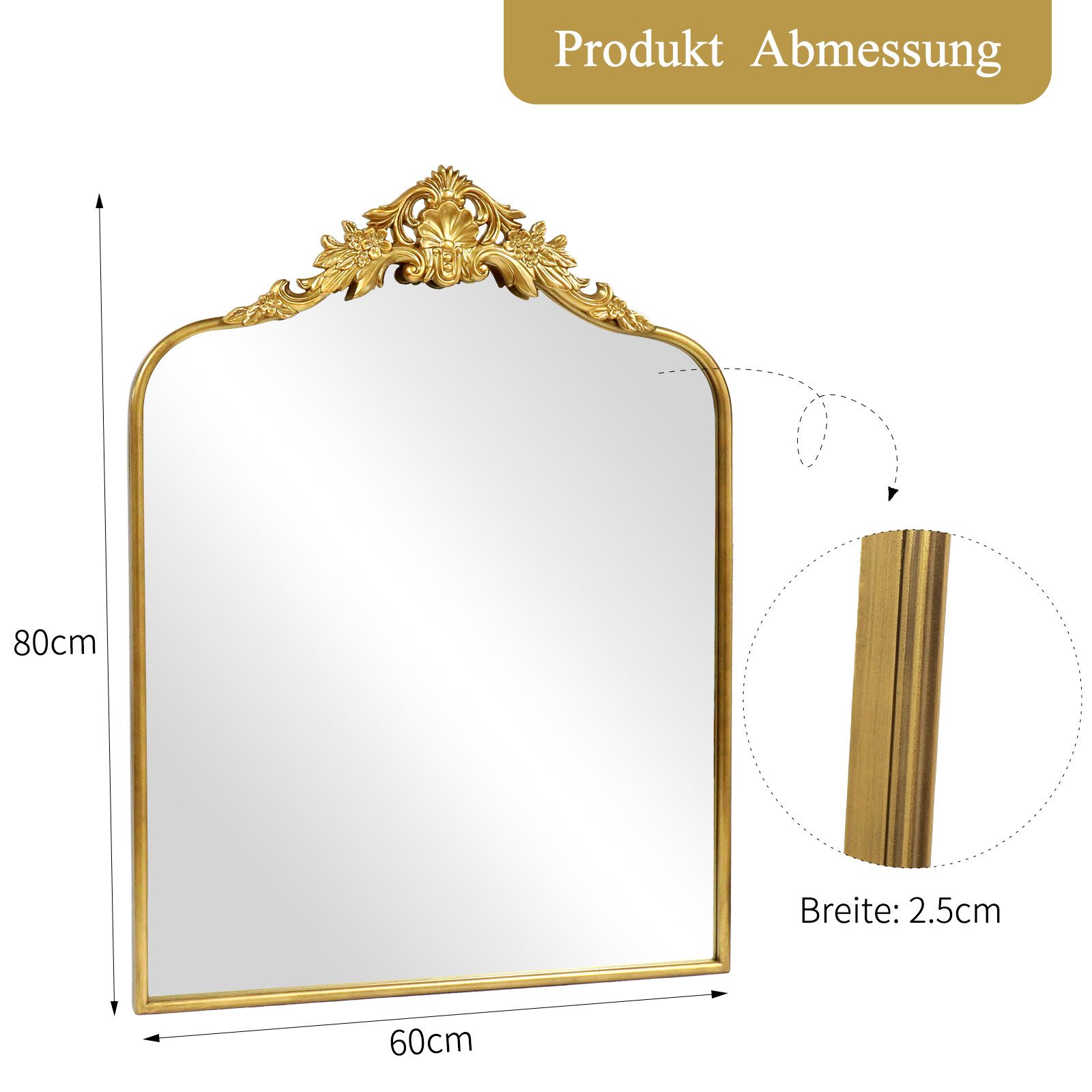 G-LEAF Ganzkörperspiegel im Barockstil, freistehend, wandmontiert oder an die Wand angelehnt (1-St), mit kunstvollem Blumenornament, 80×60cm