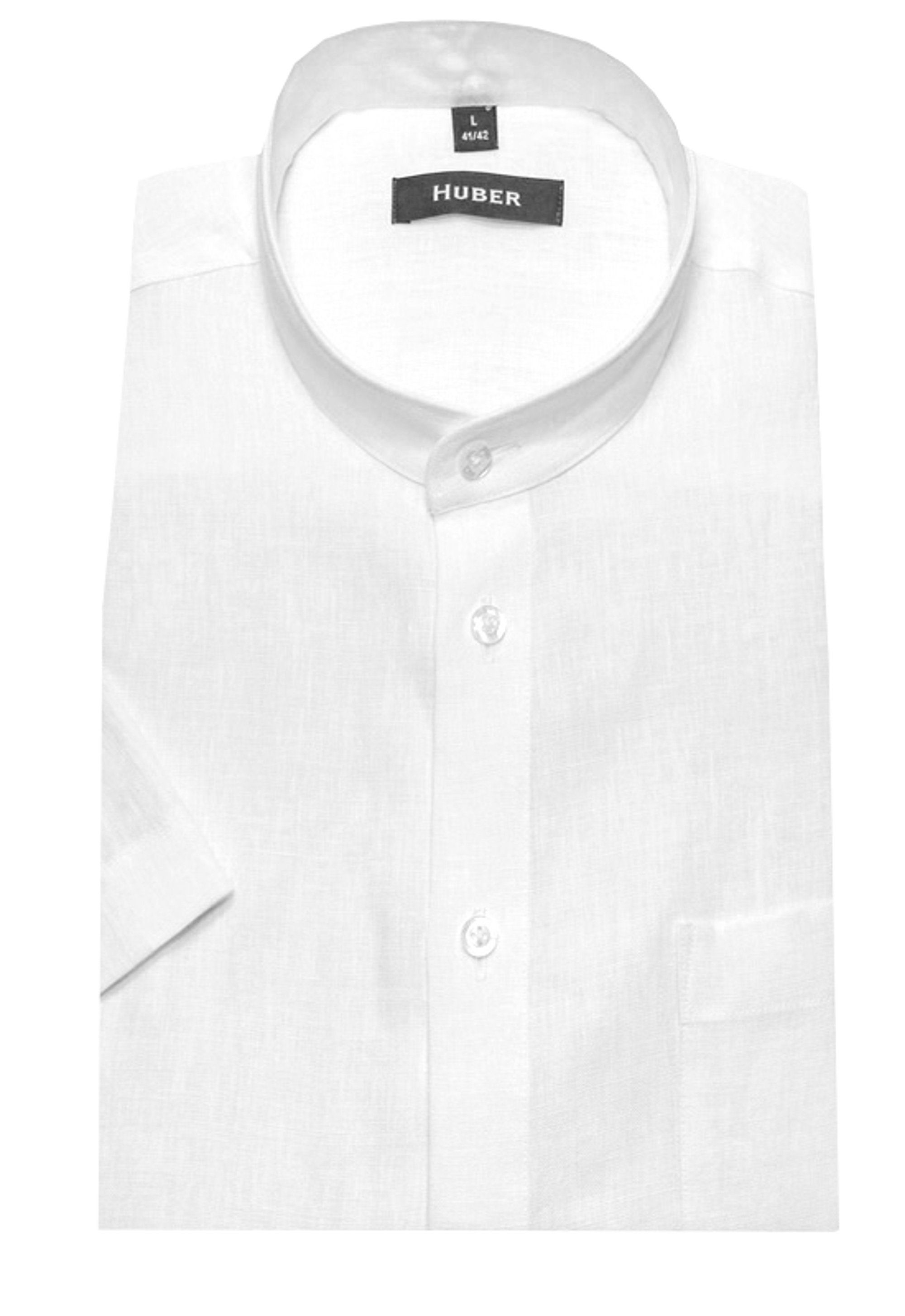 Huber Hemden Kurzarmhemd HU-0114 Stehkragen Kurzarm 100%Leinen-feiner leichter Stoff Regular Fit weiß