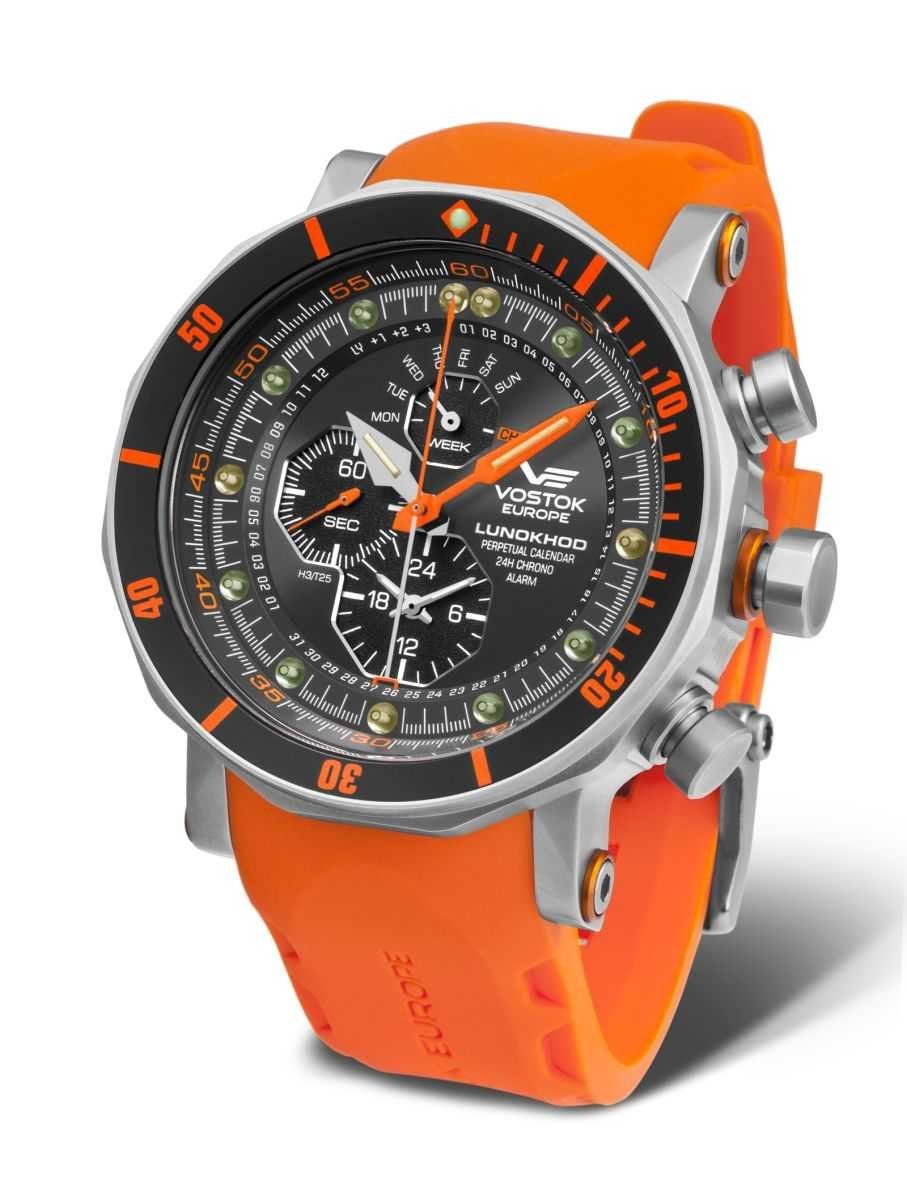 Vostok Europe Chronograph Lunokhod 2 Herrenuhr Silikon- + Lederband 49 mm 620A506-SO, 49 mm, 30 ATM wasserdicht