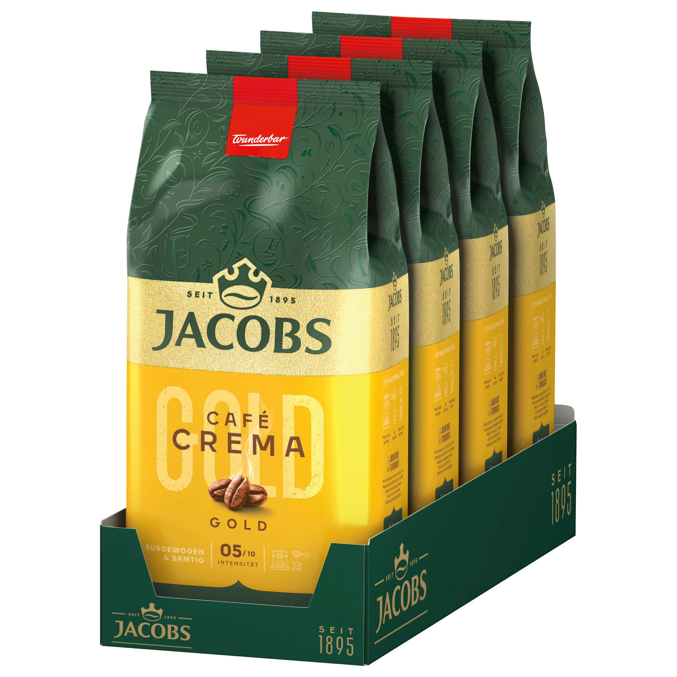 JACOBS Kaffee Kaffeebohnen Expertenröstung Café Crema Gold ganze Bohnen 4 x 1 kg, (Packung, 4er Pack)