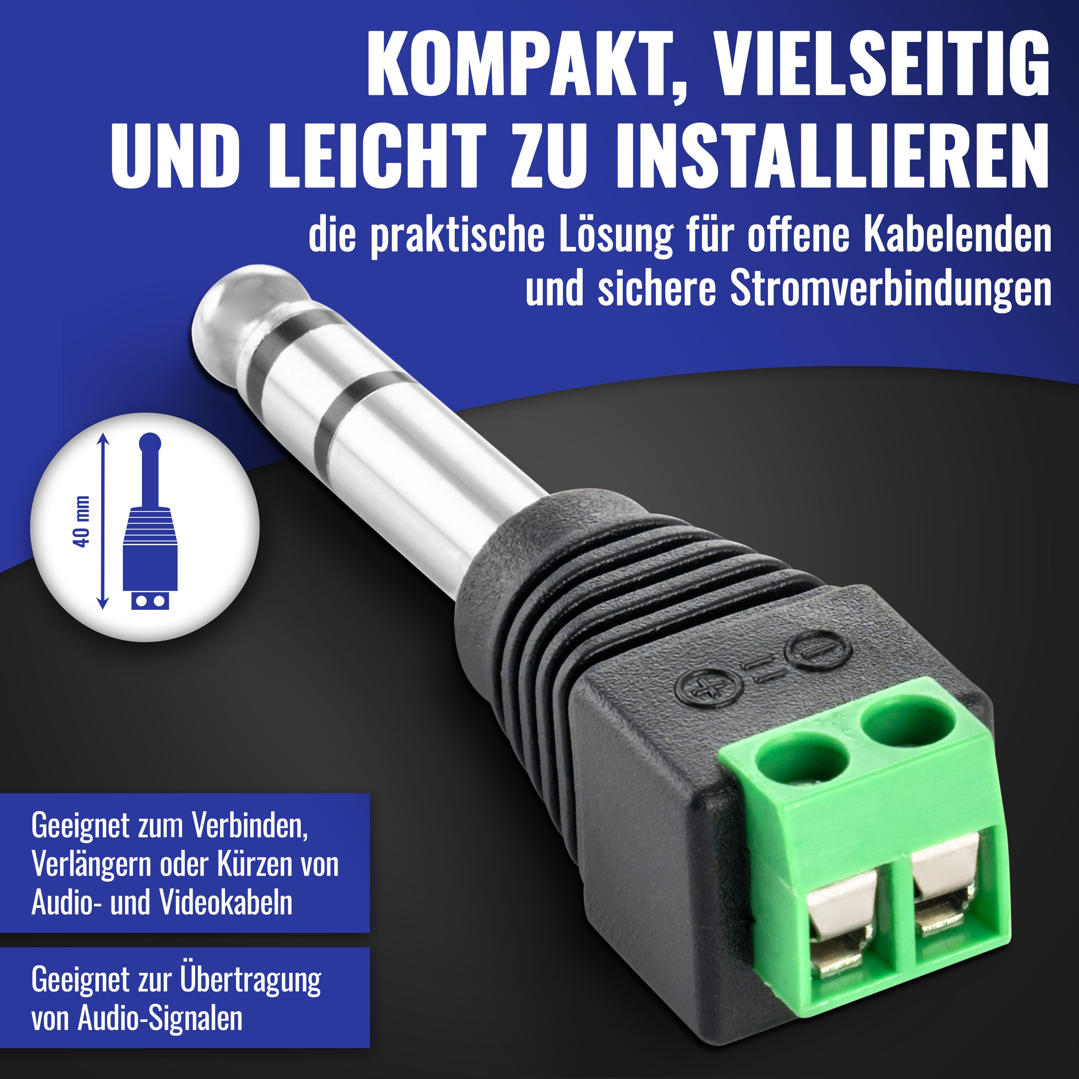 Poppstar Audio Klinkenstecker 2 Stück Audio-Adapter 6,35-mm-Klinke zu 2-pin Terminal Block, (Adapter 6,35mm Klinke Stereo männlich auf 2-pin Terminal Block) – Bild 2 von 5