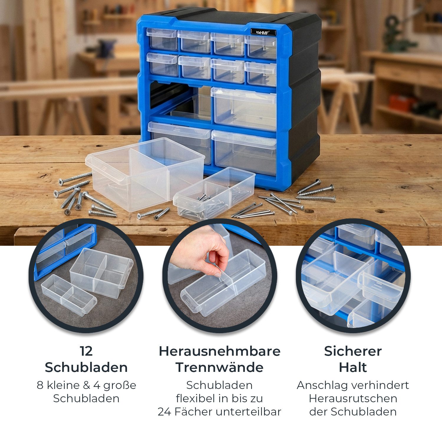 HMF Sortimentskasten Sortierbox für Kleinteile mit 12 Schubladen, Sortimentskasten für, Schrauben und Werkzeug, 24 Fächer, 26,5 x 26,5 x 16 cm, Blau-Schwarz