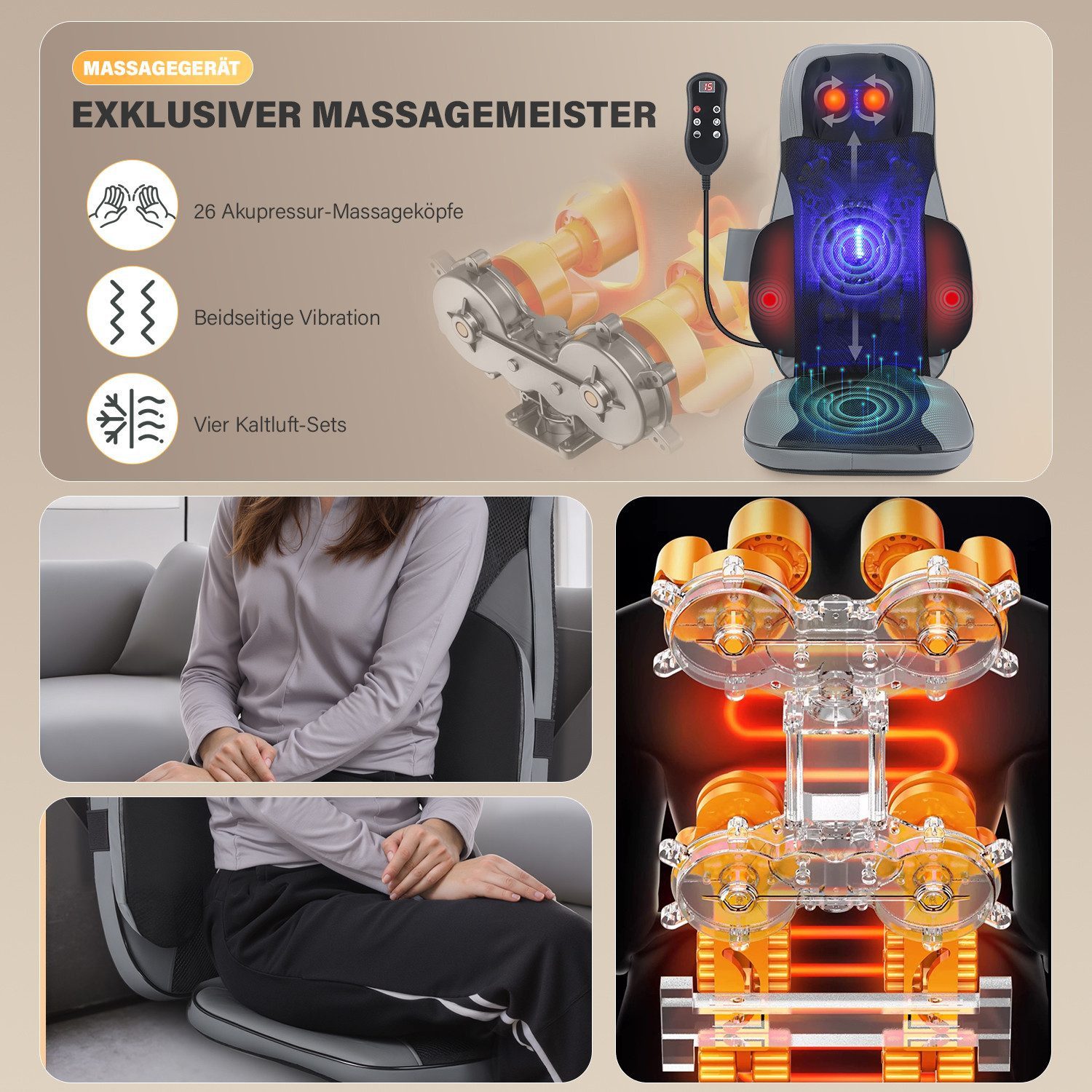 oyajia Shiatsu-Massagesitzauflage Multifunktionales Massagekissen mit Wärmefunktion und Vibration, 3 Massagezonen, Nackenmassage, Rotlicht-/Wärmefunktion, waschb. Bezug