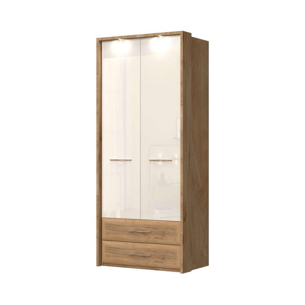 OTTO home Kleiderschrank Gala, beige hochglänzend UV lackiert, kratzfest, FSC-zertifiziert (abgerundete Schubladen aus MDF im Holzdekor, soft-close) mit Beleuchtung und Passpartourahmen, hoher Schrank (224cm), 2 Breiten