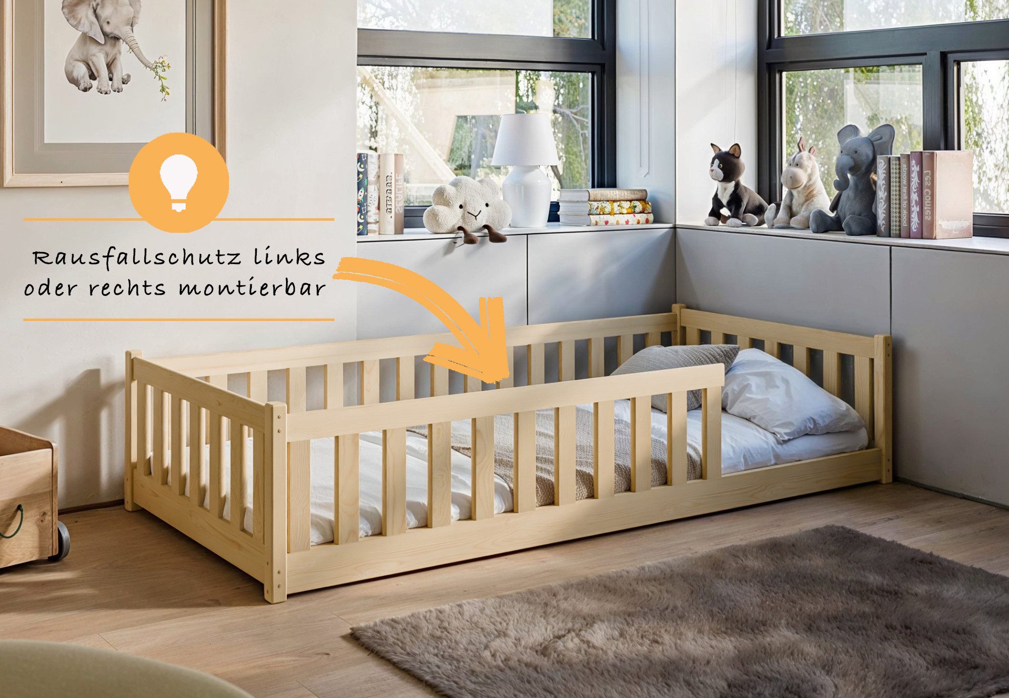 Kids Collective Kinderbett Bodenbett Bett mit Rausfallschutz & Lattenrost Montessori Bett Kinder (Jungen, Mädchen, Kinder, weitere Größen 80x180, 90x190, 90x200 – Bild 4 von 5