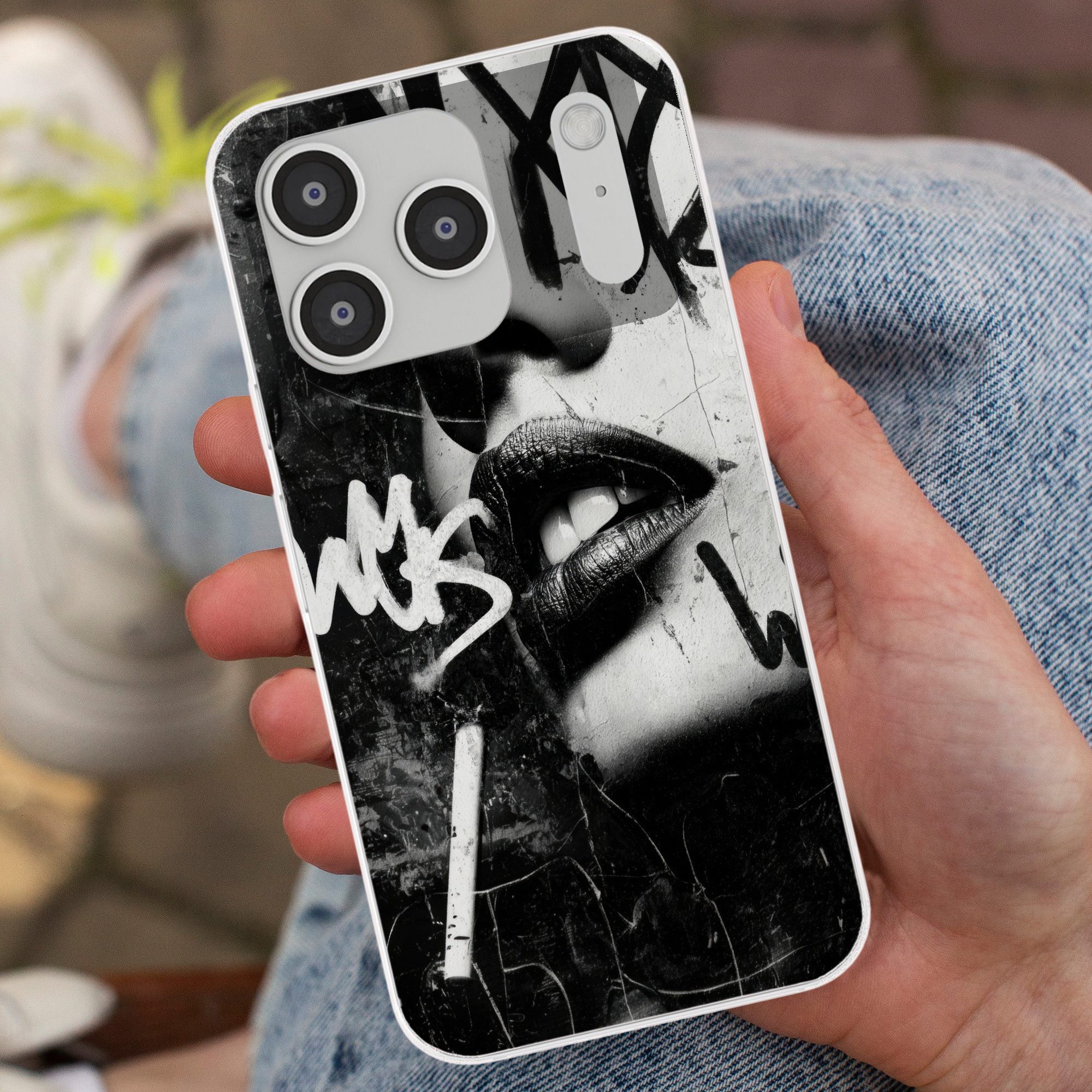 MuchoWow Handyhülle für Apple iPhone 17 Pro Gesicht - Mund - Graffiti - Schwarz, Smartphone-Bumper, Print, Handy Schutzhülle Dünn