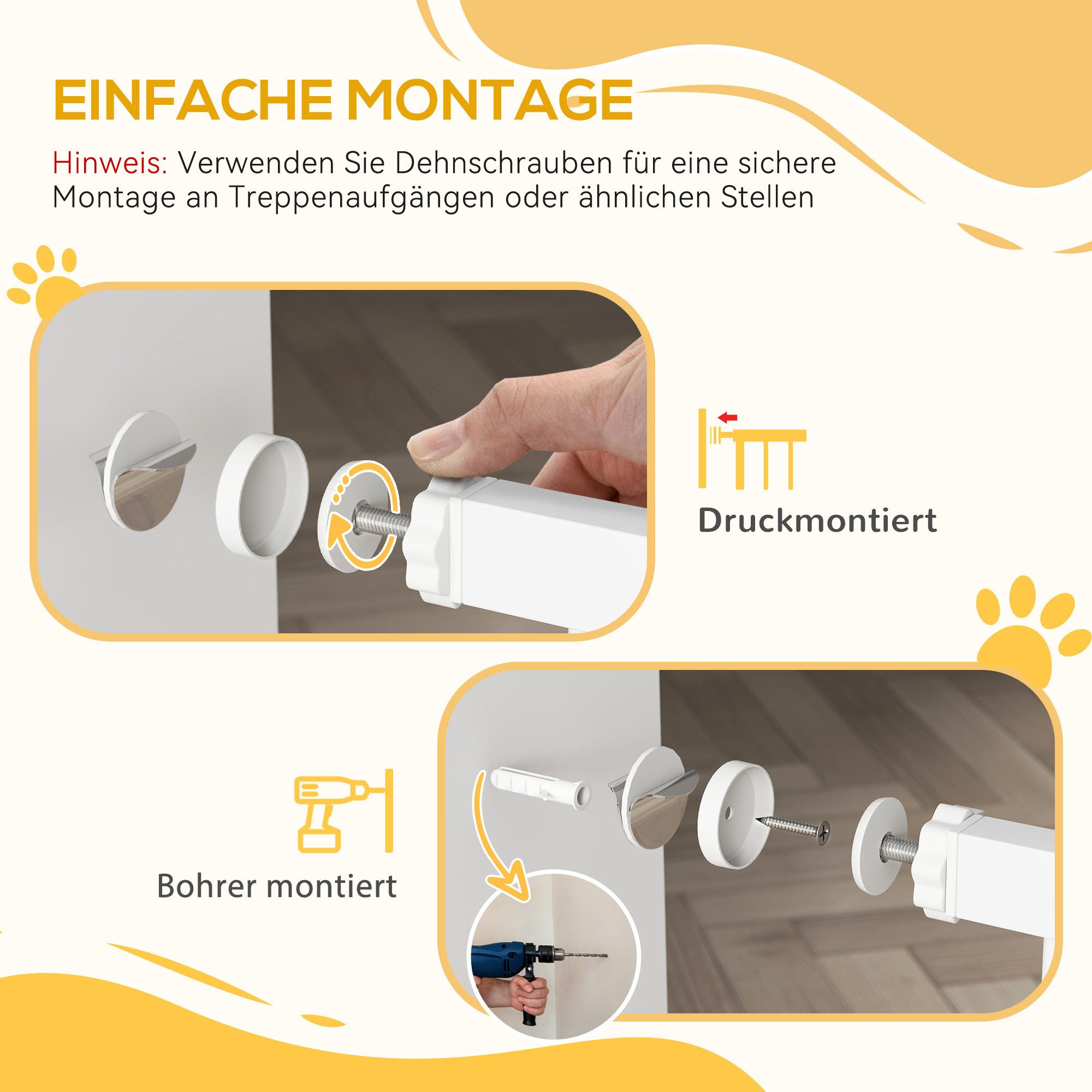PawHut Hundegitter Treppenschutzgitter Türgitter Breiten 76-104 cm Stahl (Türschutzgitter, 1 St., Absperrgitter ohne Bohren), für Treppen, Tür, Flur, Weiß – Bild 5 von 5