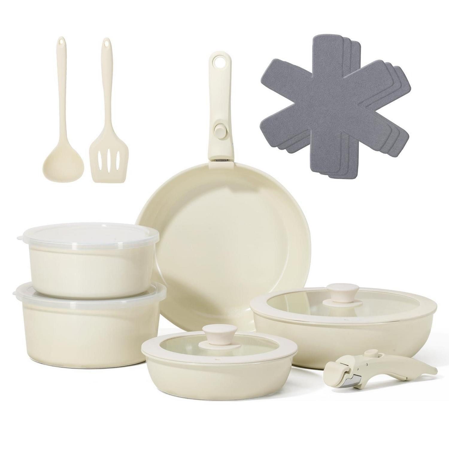 LuxusKollektion Pfannen-Set Kochgeschirr-Set 16-teilig Beige Antihaft mit abnehmbarem Griff
