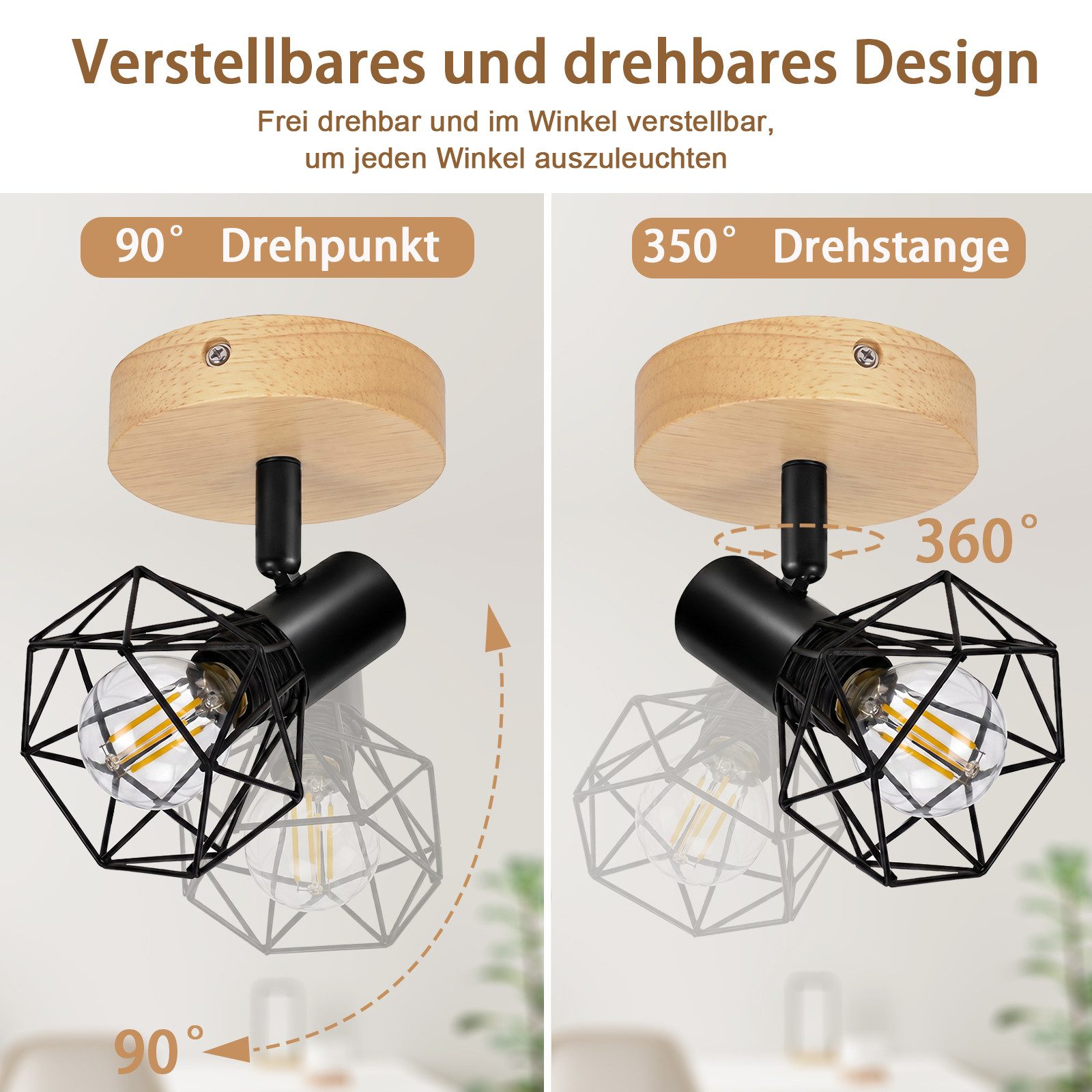 Nettlife Deckenstrahler Retro schwarz 1/2/3/4flammig Holz E14 industrieller Vintage Deckenspot, ohne Leuchtmittel, für Flur Küche Wohnzimmer Retro Deckenleuchte – Bild 4 von 5