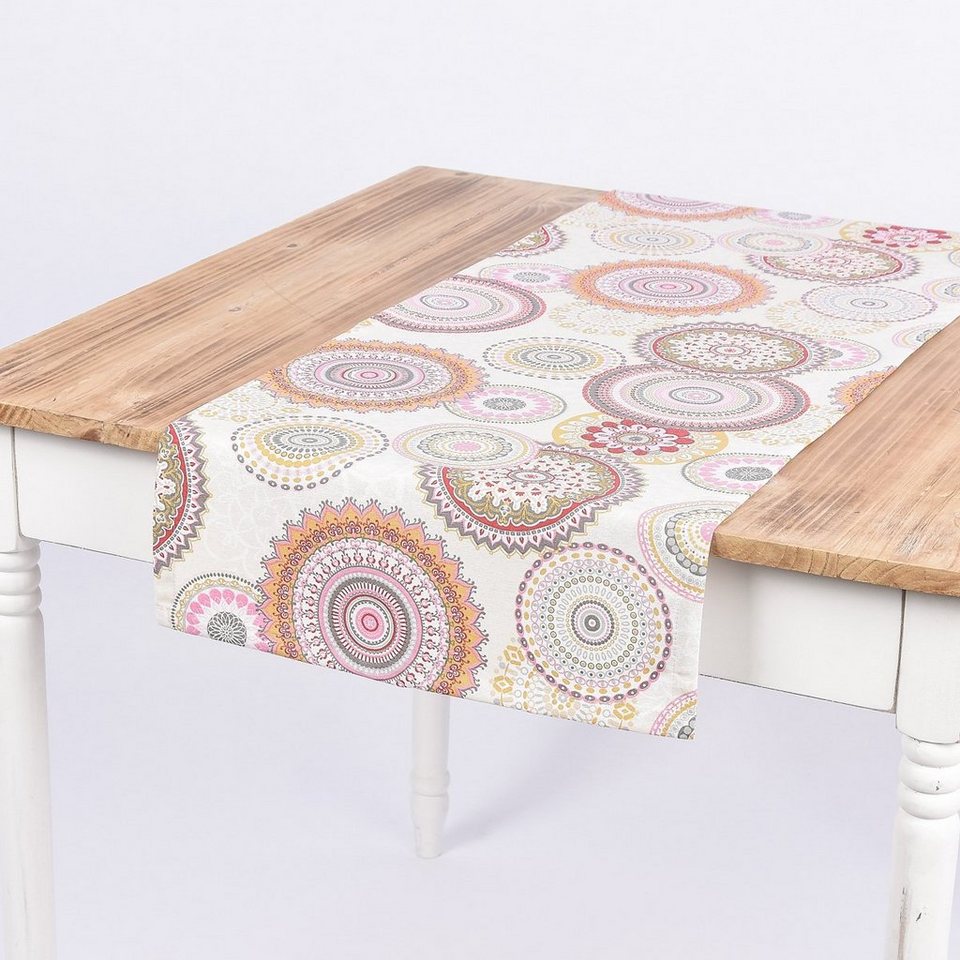 SCHÖNER LEBEN. Tischläufer Schöner Leben Tischläufer Mandala Blumen Muster  beige bunt 40x160cm, handmade
