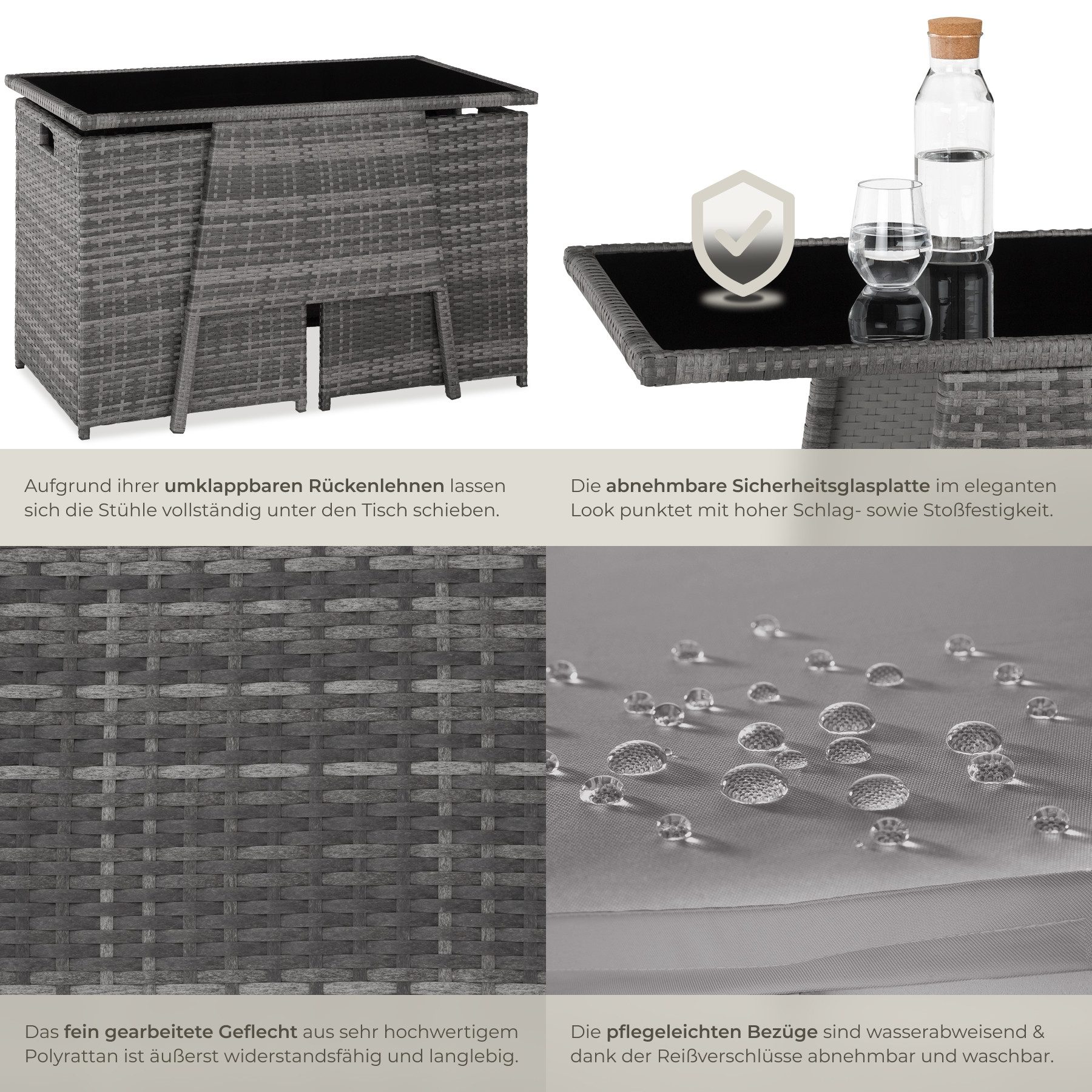 tectake Sitzgruppe Rattan Gartenlounge für 2 Personen, zusammenschiebbar, (Loungeset Lausanne, 3-tlg., für Außen in Grau), widerstandsfähig, UV-beständig, mit S – Bild 5 von 5