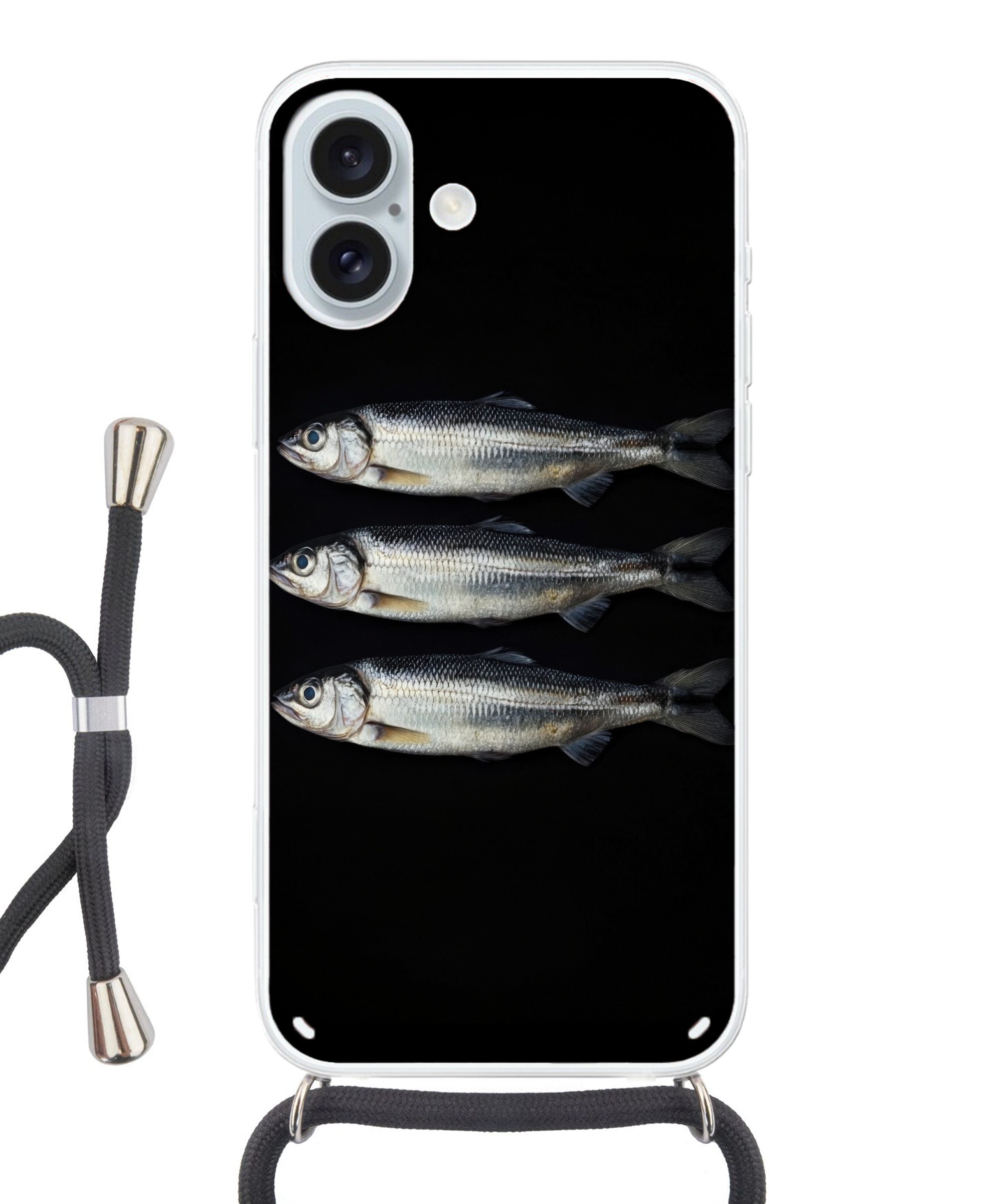 MuchoWow Handyhülle für Apple iPhone 16 Plus Hering - Fisch - Schwarz, Tragbare Handyhüllen mit Kette zum umhängen, Handykette Handyband